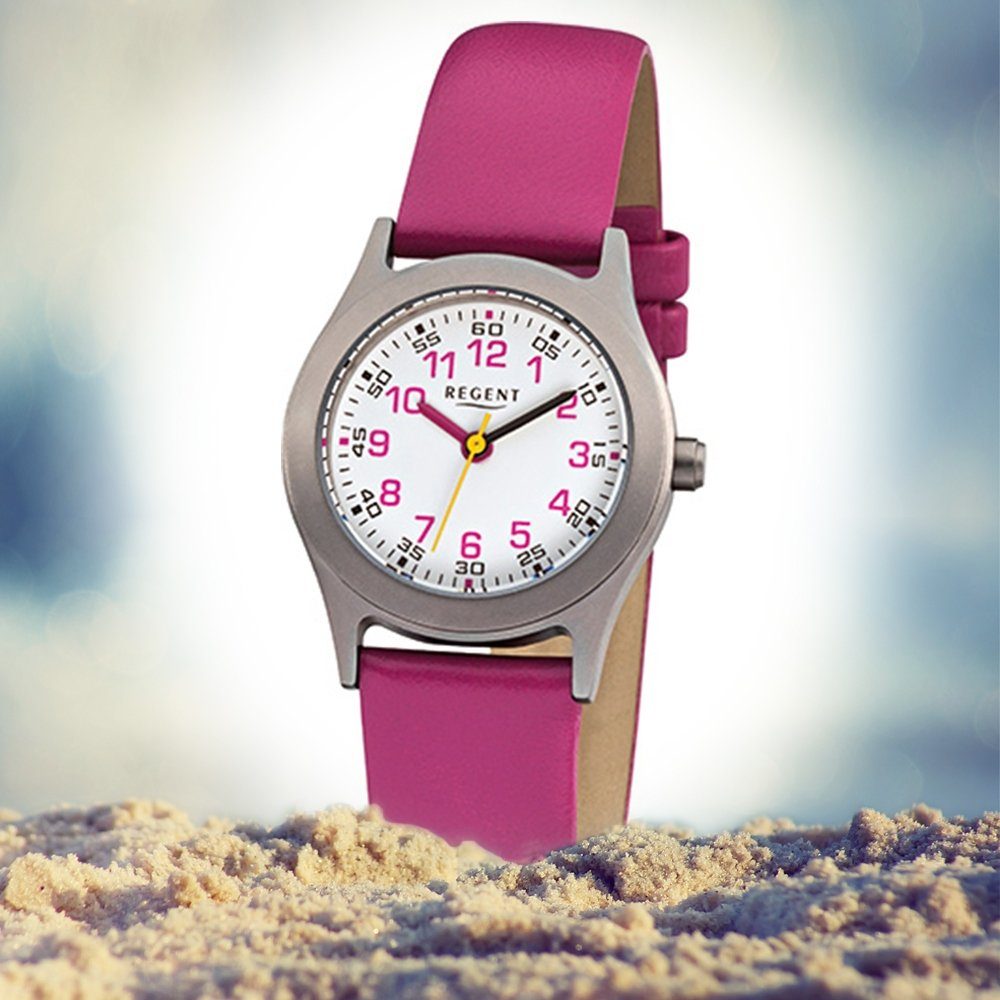 rund, Analog 26mm), (ca. Kinder Regent Quarzuhr Regent pink Lederarmband Kinder-Armbanduhr klein F-946, Armbanduhr