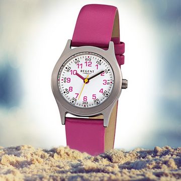 Regent Quarzuhr Regent Kinder-Armbanduhr pink Analog F-946, Kinder Armbanduhr rund, klein (ca. 26mm), Lederarmband