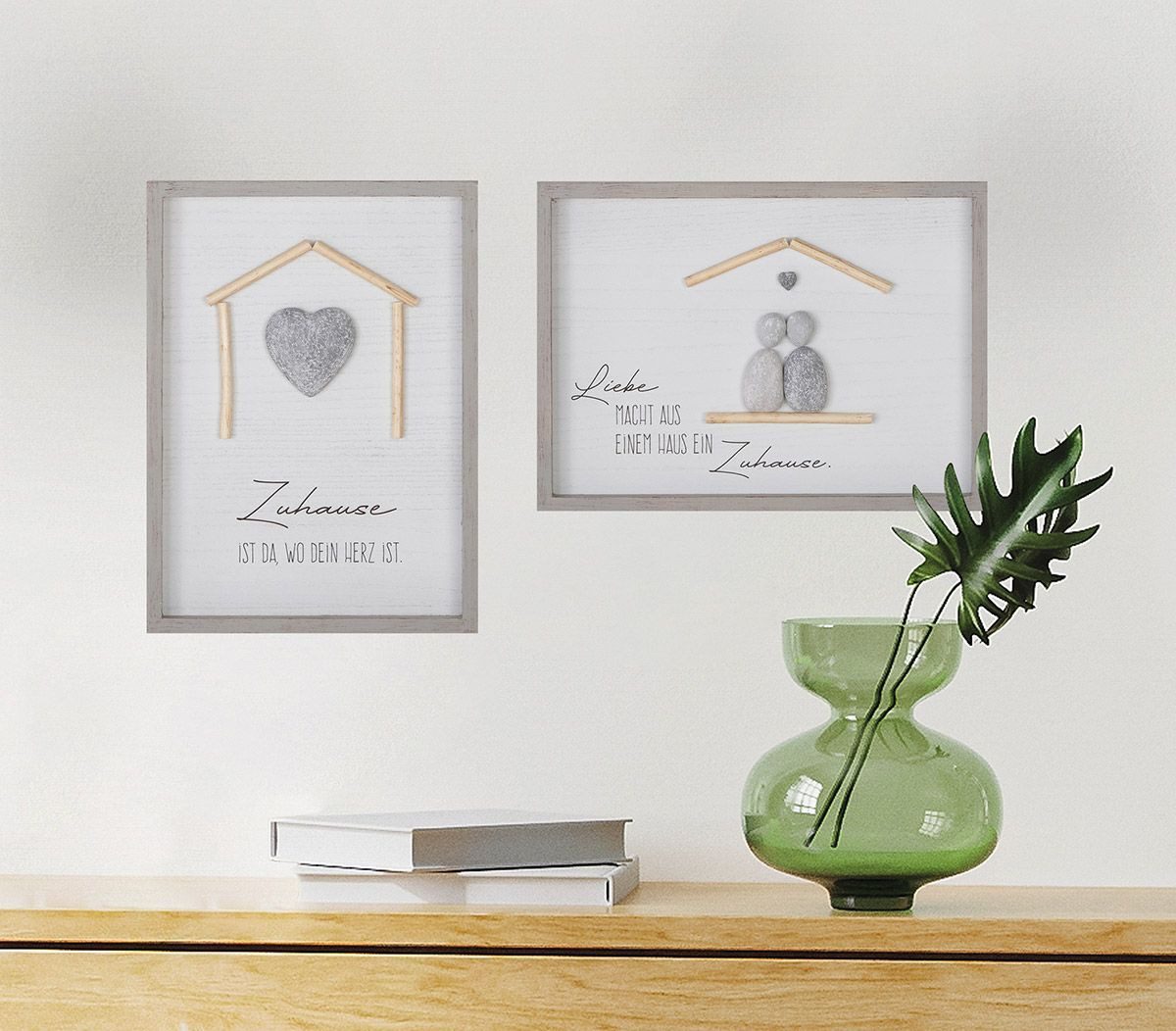 MF Wanddekoobjekt Steinbild Set Zuhause Wandbild mit Spruch und 3D Herzmotiv 46x33 cm (2 St)