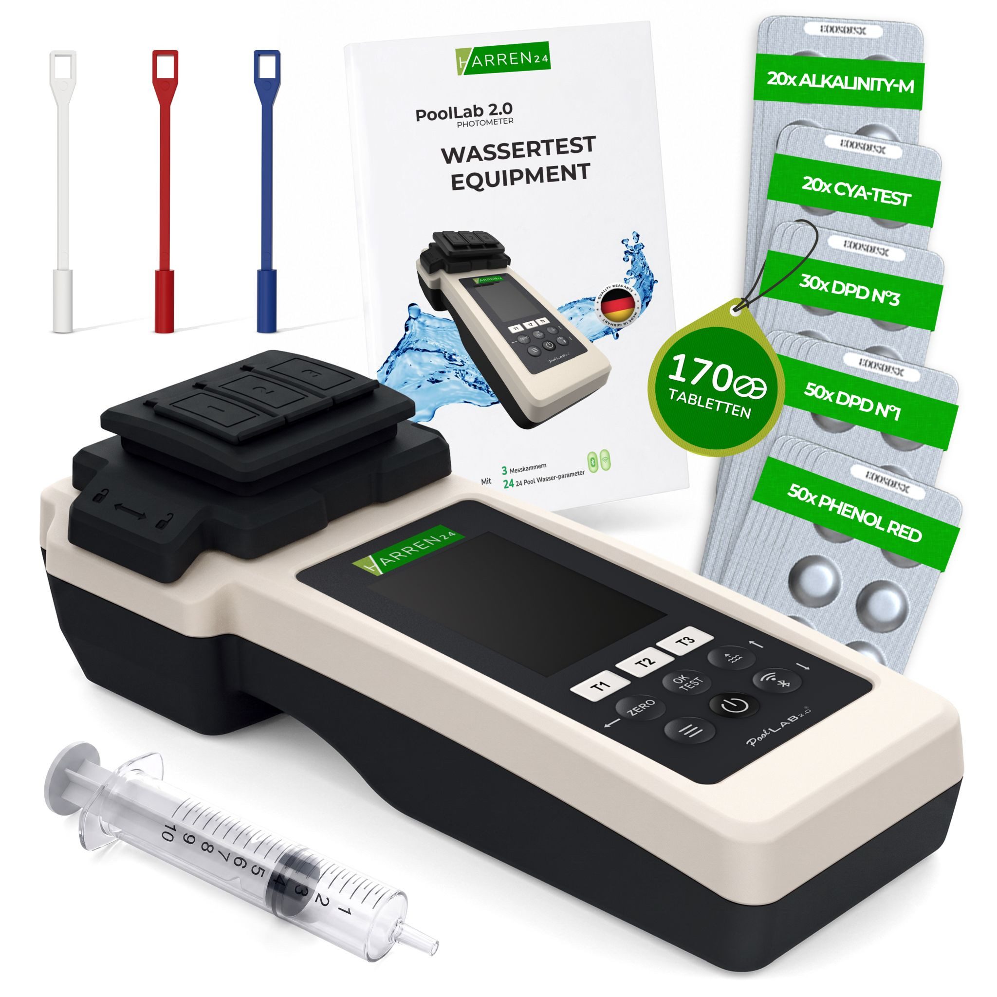 harren24 Pool-Wassertest Elekt. Wassertester PoolLAB 2.0 Photometer Set inkl.170 Testtabletten, Set inkl. 170 Testtabletten