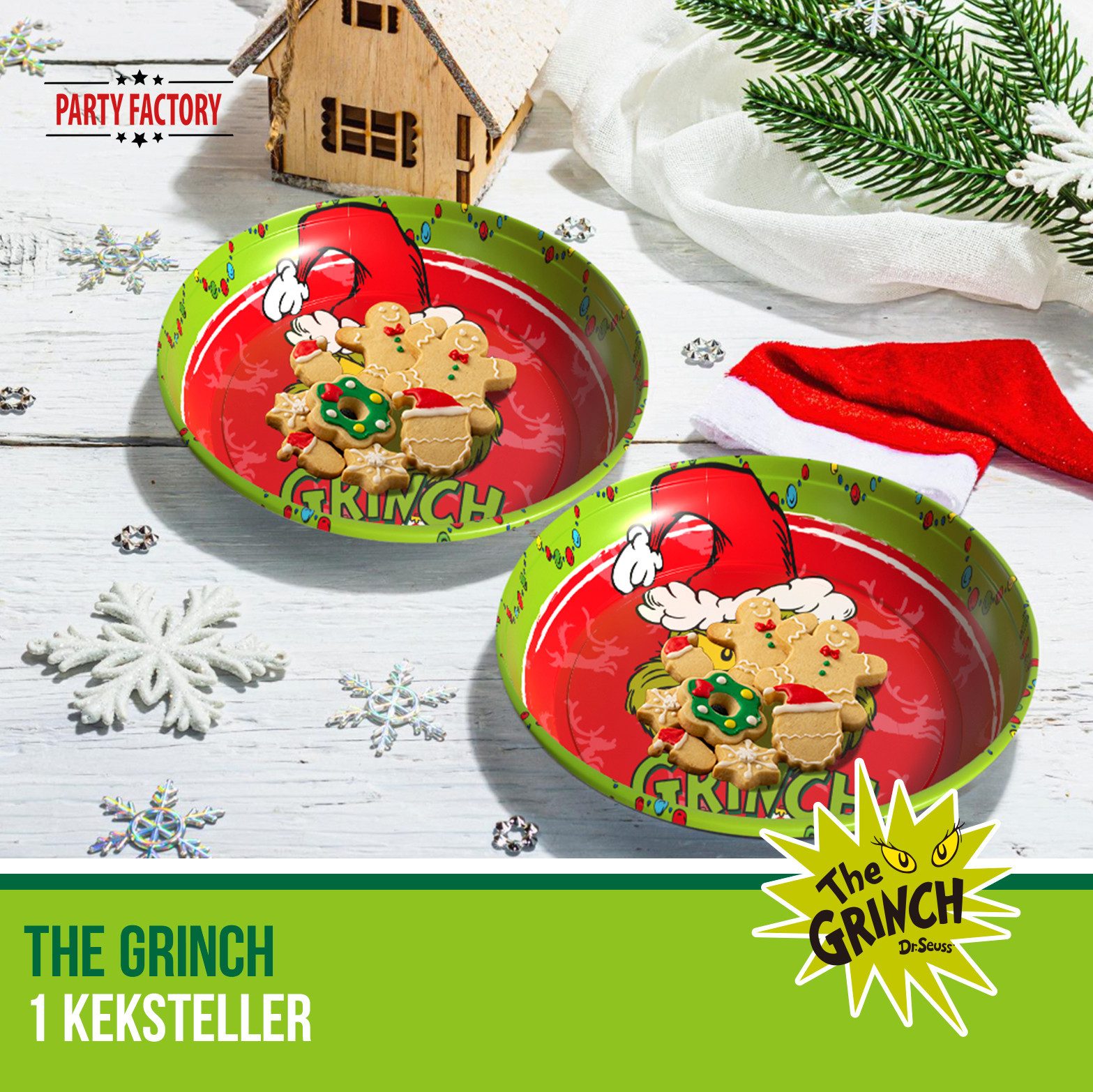 Party Factory Dekoteller The Grinch Keksteller rot 26 cm – Weihnachtsteller für Plätzchen (1 St), original Grich Bildmotiv