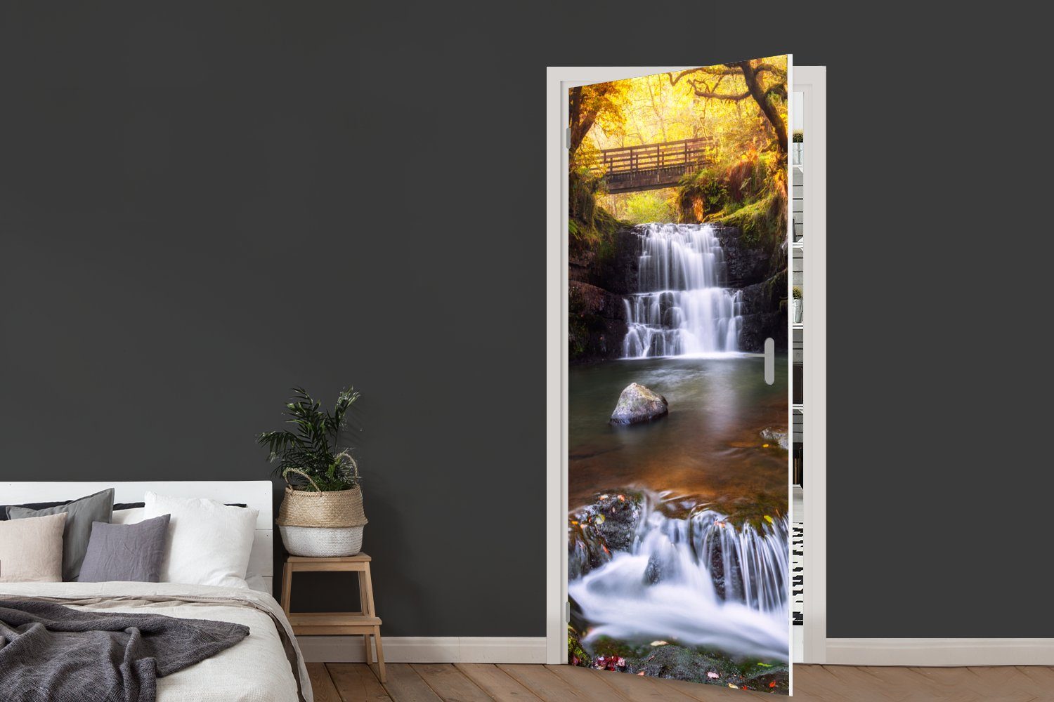 MuchoWow Türtapete Farbenfroher und St), Park, Matt, Beacons 75x205 (1 National Wasserfall für cm Türaufkleber, Brecon bedruckt, Fototapete im ein Tür, Wald