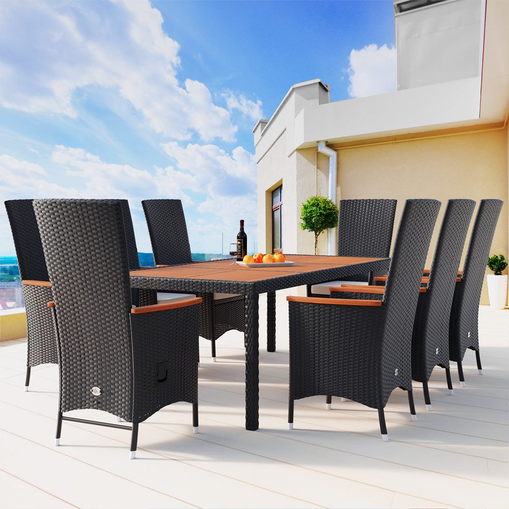Casaria Garten-Essgruppe, (9-tlg), 8 Personen Polyrattan 2 verstellbare Lehnen Auflagen Holz Wetterfest