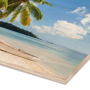 Posterlounge Holzbild Jan Christopher Becke, Strand mit Palmen und türkisblauem Meer auf Tahiti, Badezimmer Maritim Fotografie