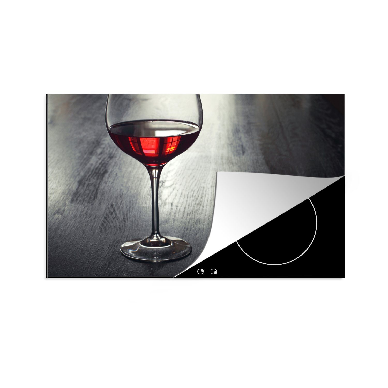 MuchoWow Herdblende-/Abdeckplatte Glas Rotwein auf einem Holzteller, Vinyl, (1 tlg), 81x52 cm, Induktionskochfeld Schutz für die küche, Ceranfeldabdeckung