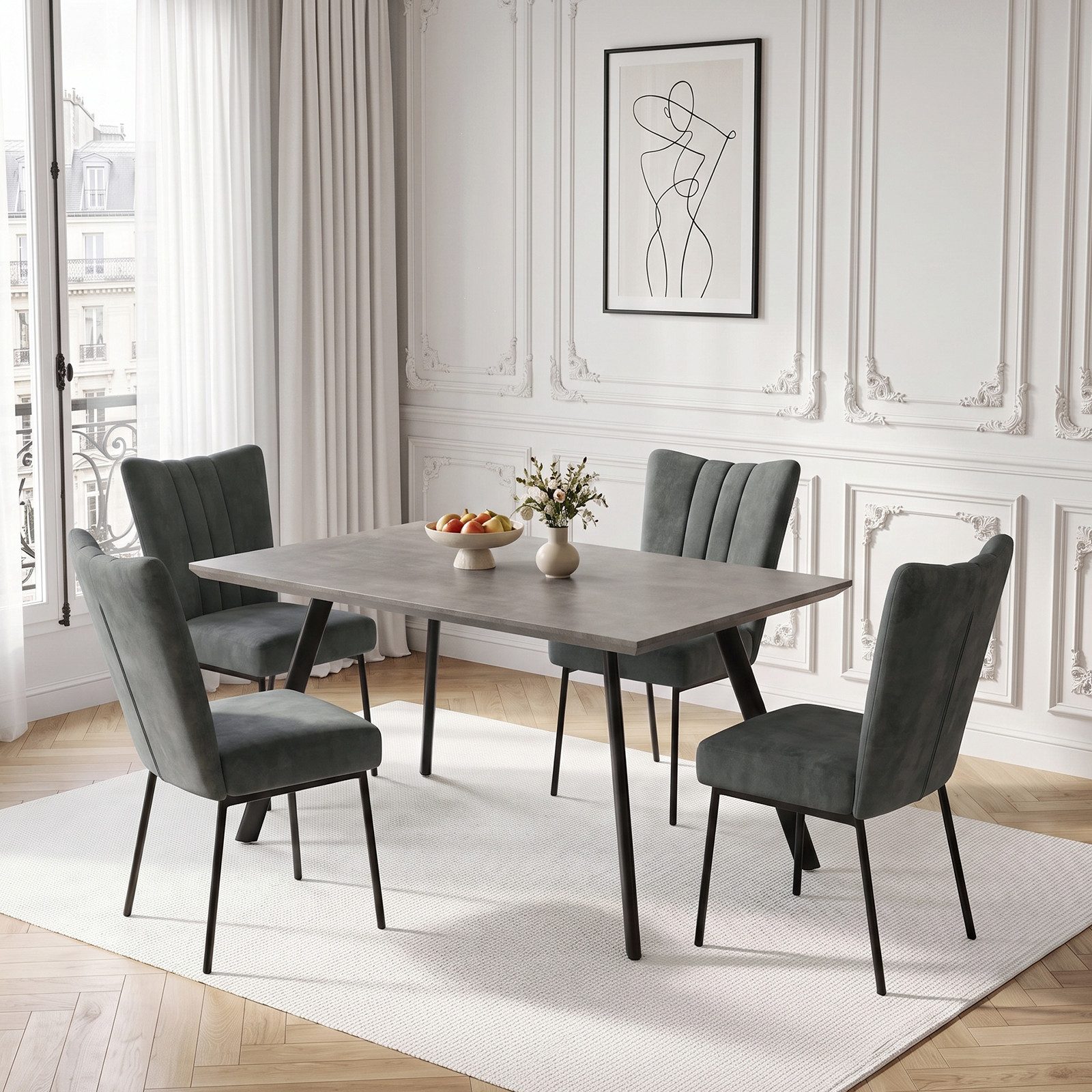 Jiexi Essgruppe Esstisch Set 120x73 MDF Grau Feste Essgruppe mit Samtstoff Stühlen
