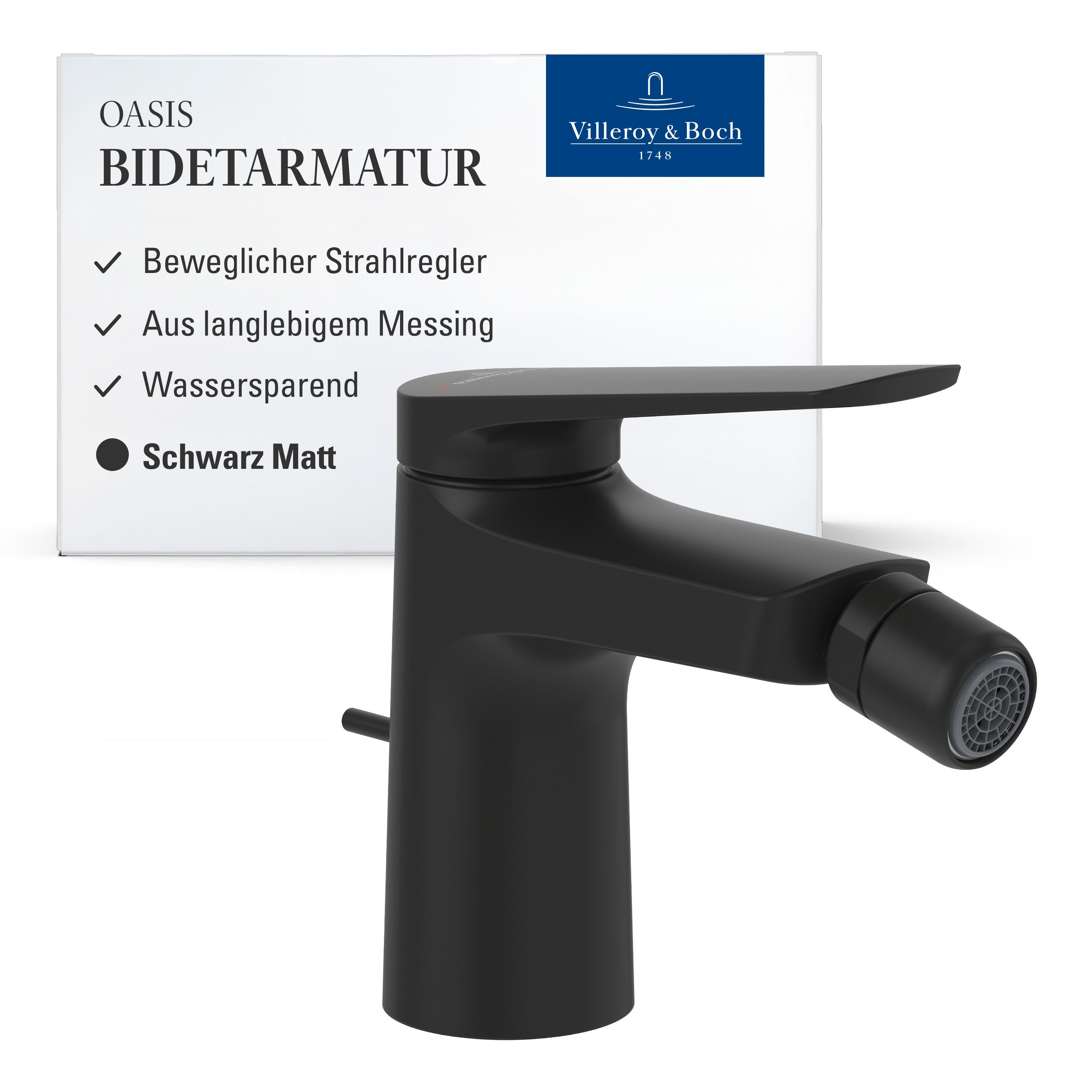 Villeroy & Boch Bidetarmatur Oasis Einhebel Bidet Wasserhahn mit Zugstange und Keramikkartusche, Bidetmischer