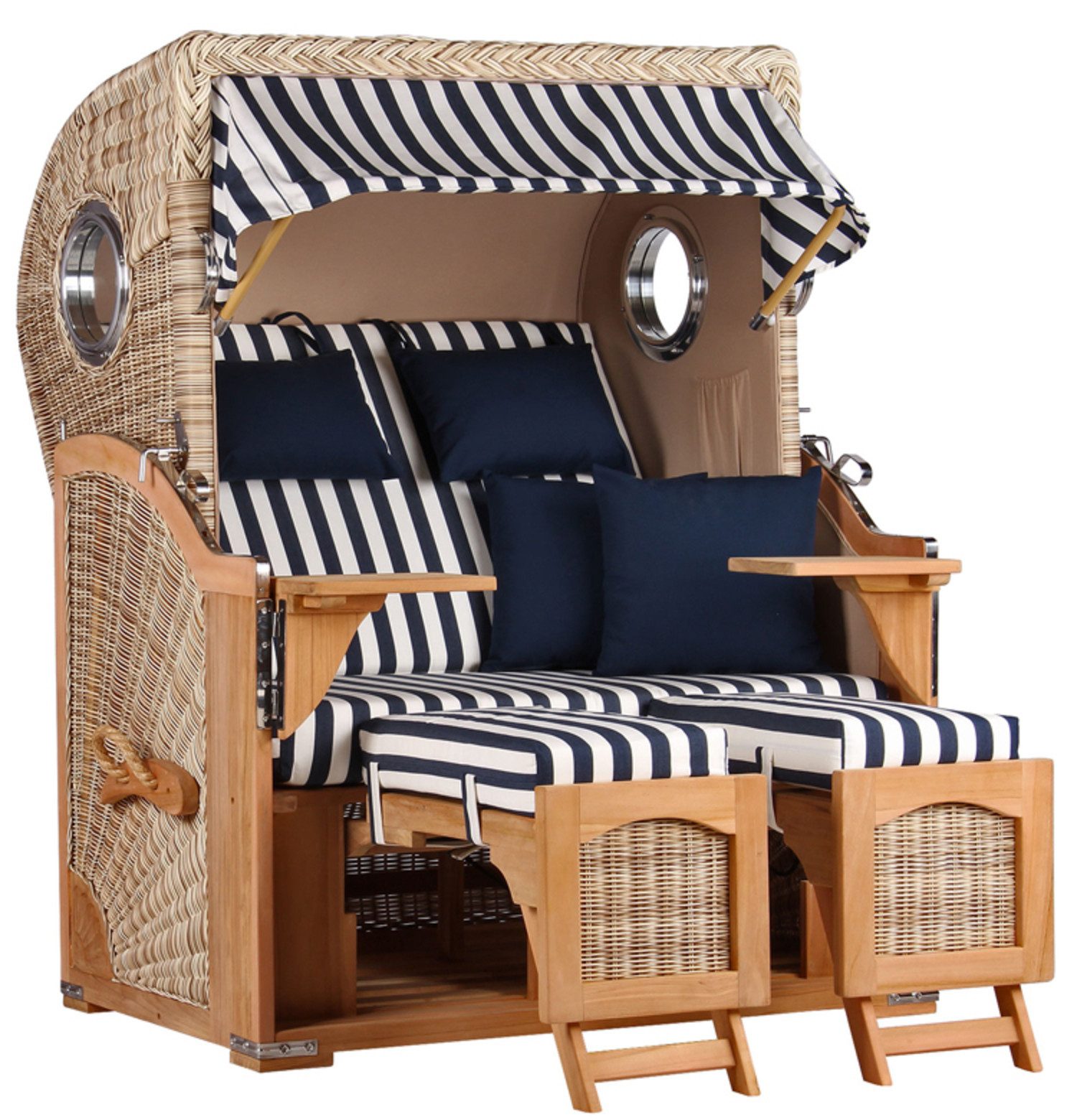 MR.DEKO Strandkorb Strandkorb Düne Volllieger Teak PE Shell -Geflecht Bullaugen 2-Sitzer, BxTxH: 125x80x170 cm, Ostsee-Strandkorb, (Premium-Strandkorb für Garten, Terrasse & Balkon), Aufgebaut geliefert, mit Schwenktischen, Edelstahlbeschläge, Lifter