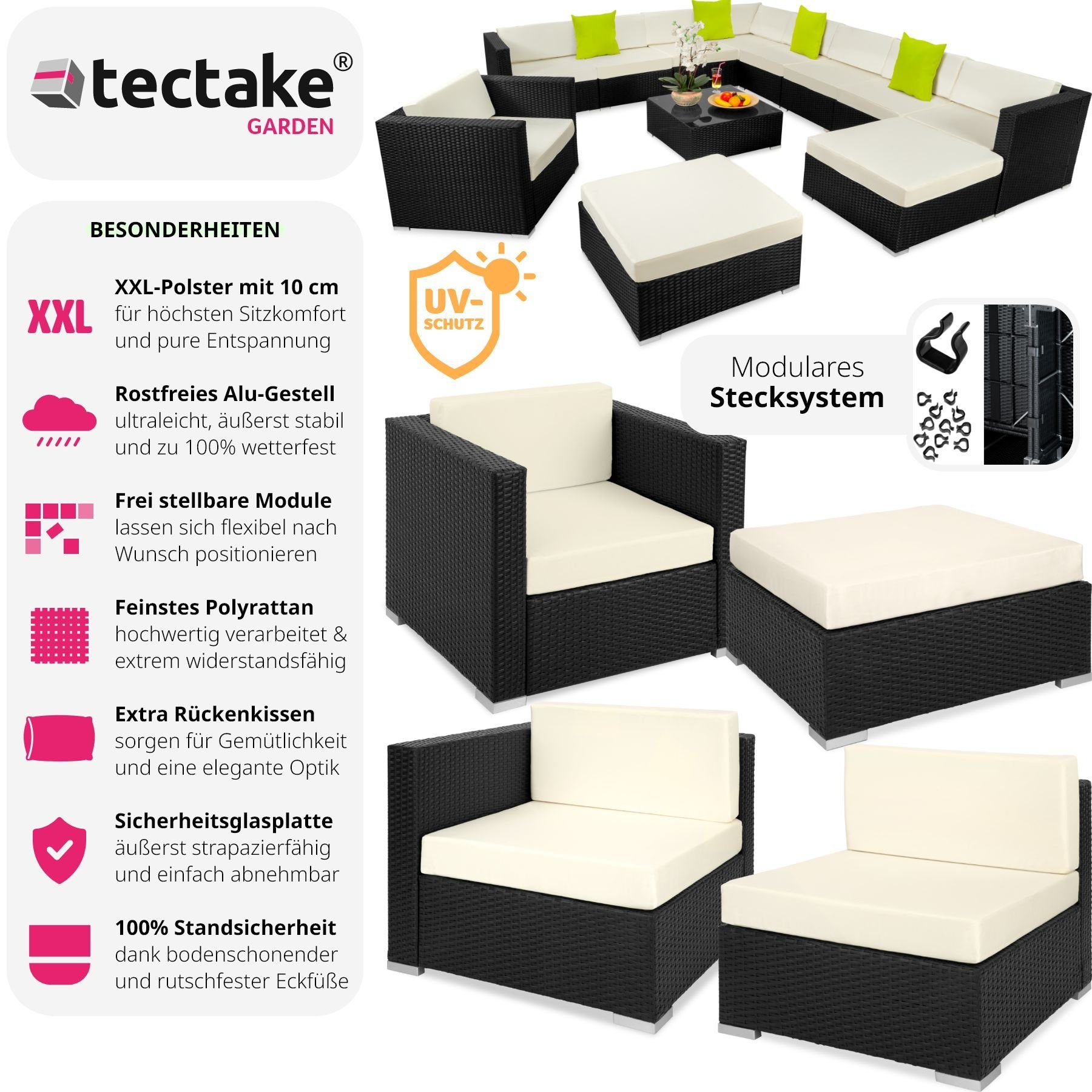 tectake Loungeset Rattan Sitzgruppe mit Aluminiumgestell, für 9 bis 11 Personen, (Gartenlounge-set Las Vegas, 12-tlg., geeignet für Outdoor in Schwarz), wetterfest und UV-beständig, Dicke der Polster 10 cm