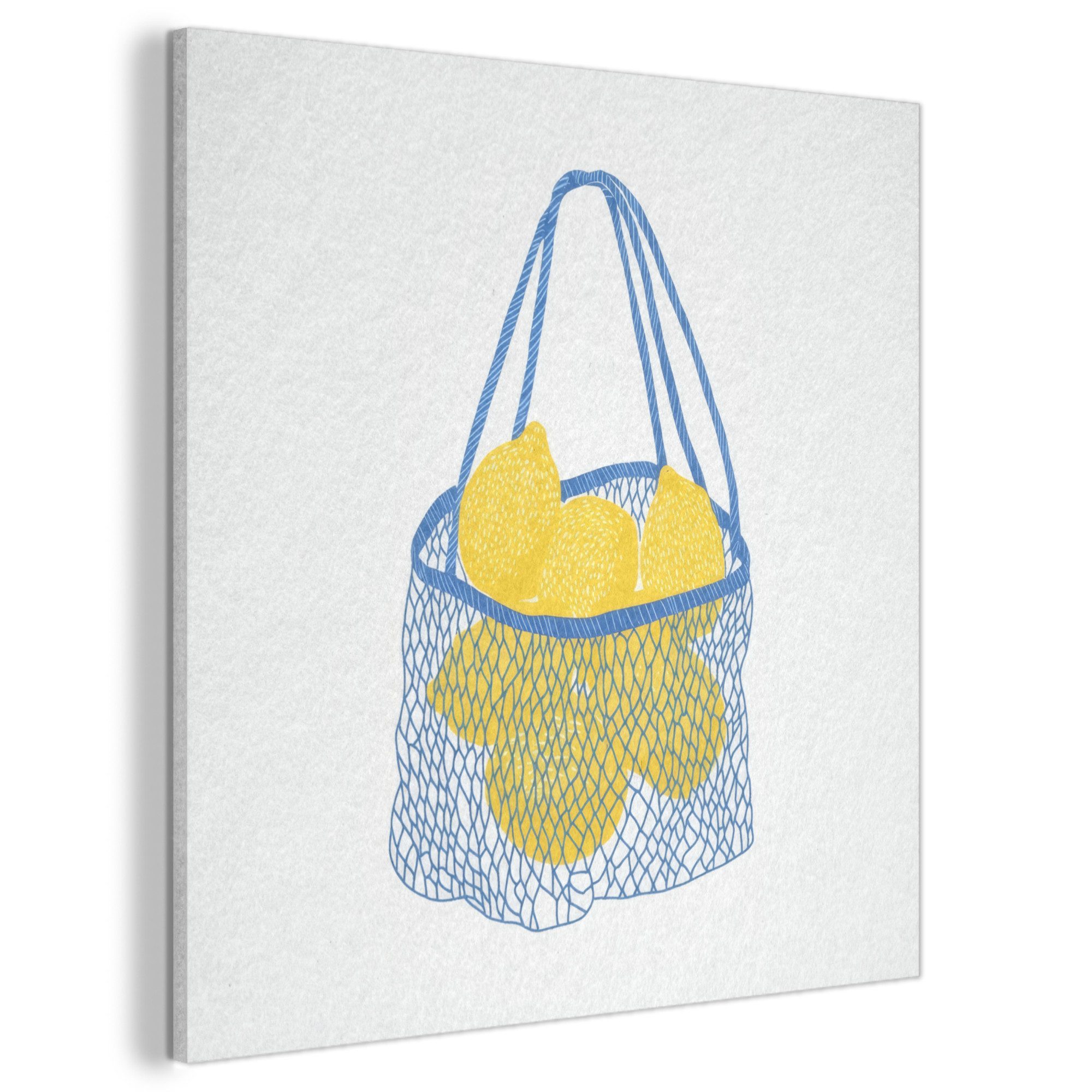 MuchoWow Gemälde Tasche - Blau - Zitronen - Illustration, Fotodruck (1 St), Akustikbilder PET-Filz, Wandpaneele, Akustikpaneele 40x40 cm