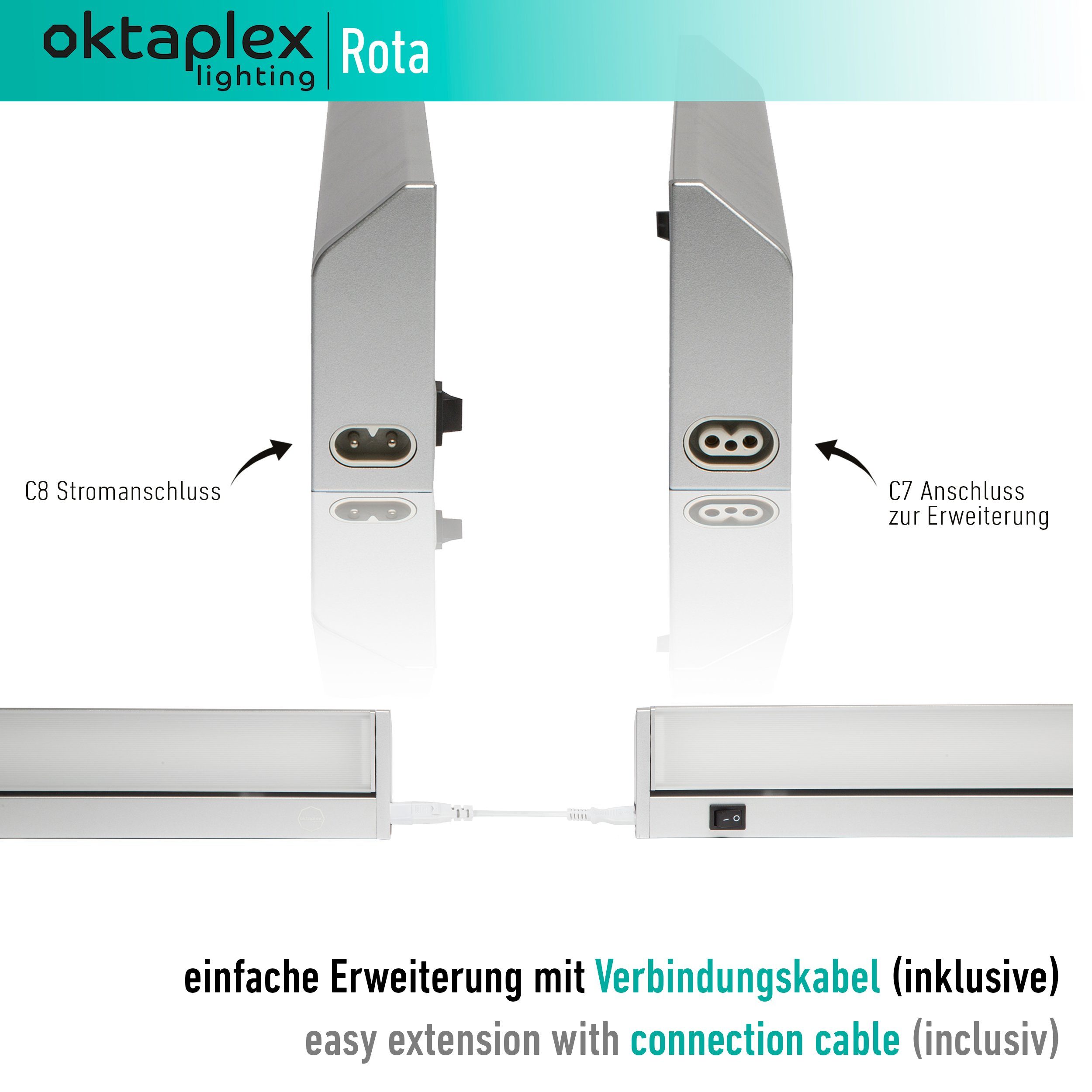 Oktaplex lighting LED Unterbauleuchte Aluminium 58cm Unterschrankleuchte Küche 1085lm 9,7W, schwenkbar, LED, warmweiß, 3000K Lichtleiste erweiterbar Unterschranklampe mit Schalter