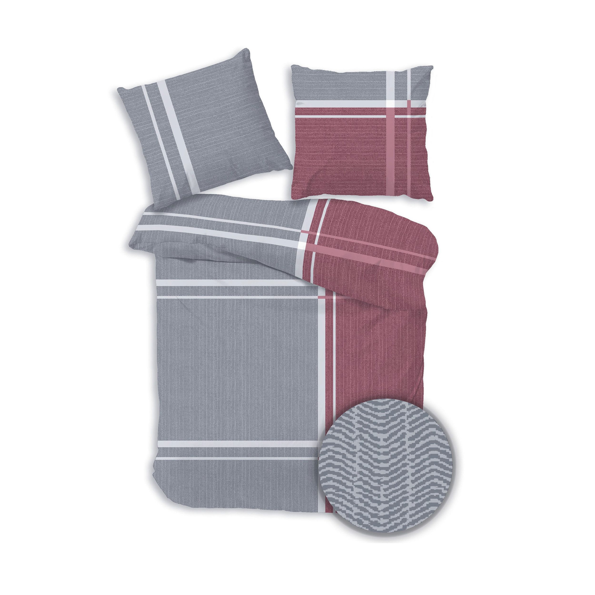 DOBNIG Bettwäsche Flanell, Flanell, 2 teilig, gestreift, silber, rot