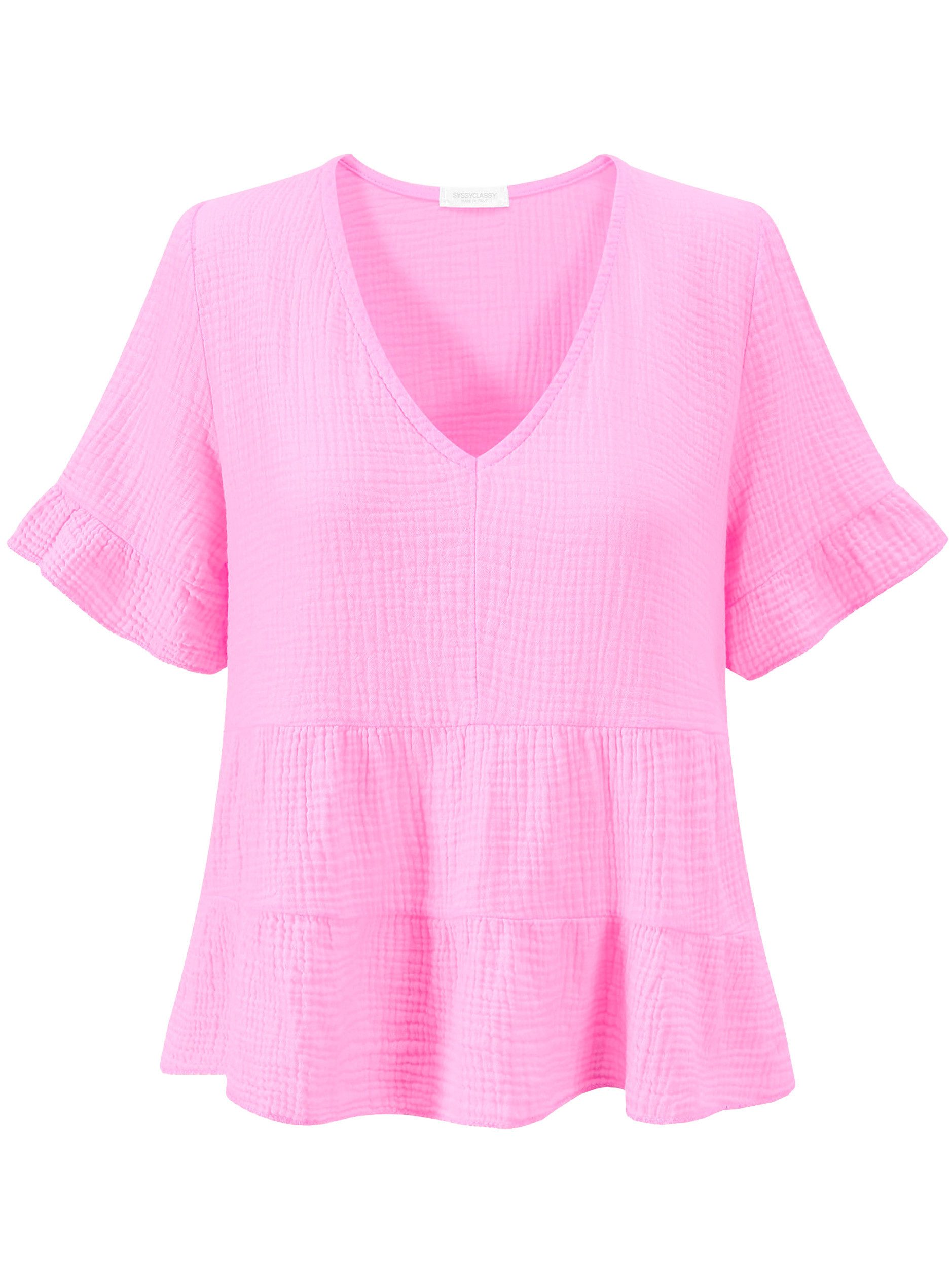 SASSYCLASSY Kurzarmbluse Luftiges Musselin Shirt Damen mit Volants Musselinshirt aus Baumwolle mit V-Ausschnitt Weiß Butter Gelb Rosa