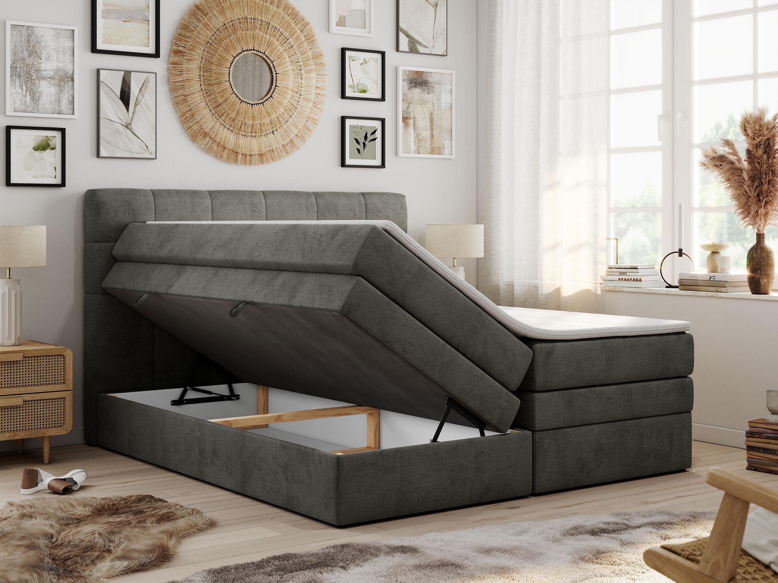 MKS MÖBEL Boxspringbett LUKA KING (King Doppelbett, Multipocket Matratzen, Topper T25/Visco, T30-Schaum), Polsterbett mit Bettkasten und fünf Matratzen