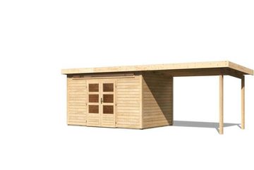 Karibu Gartenhaus Woodfeeling Kandern mit Anbaudach 3 m Breite, BxT: 612x303 cm, Beige