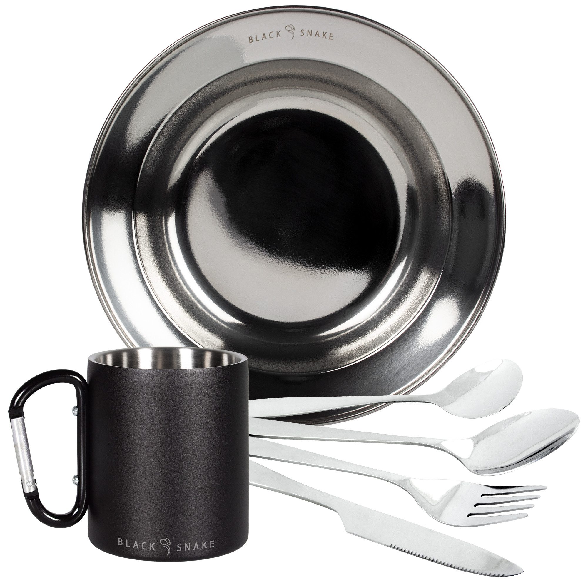 Black Snake Geschirr-Set Camping Geschirr Set mit Thermobecher, tiefem Teller & Lunch-Besteck (3-tlg), 1 Personen, Edeltahl, Thermobecher mit Karabiner, Lunch-Besteck und tiefer Edelstahlteller