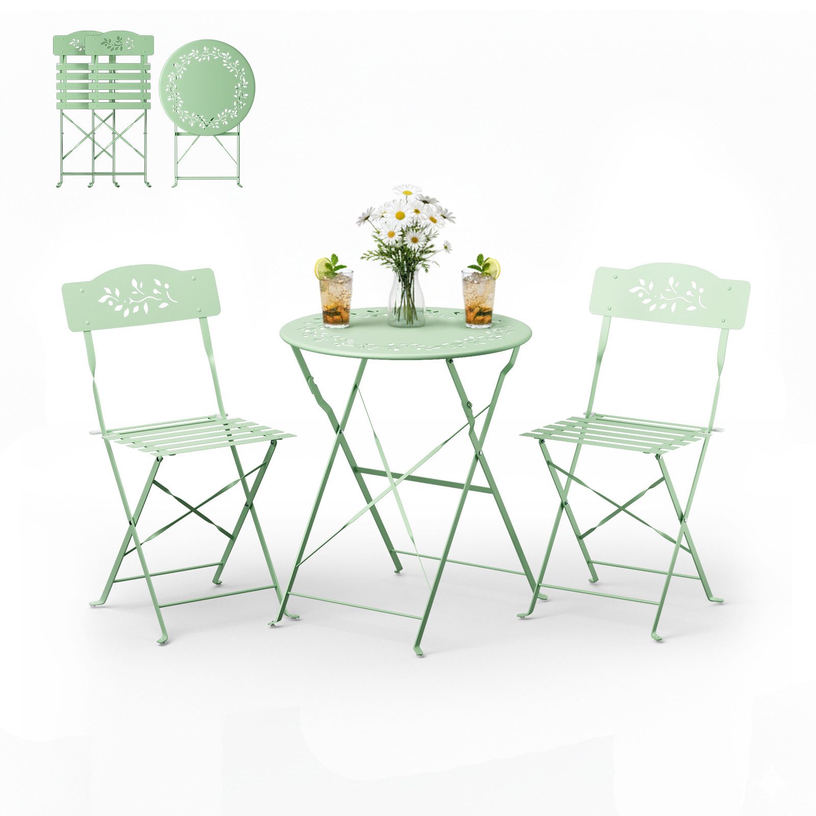 VINGLI Balkonset Bistroset 3-teilig aus Stahl – Bistrotisch mit 2 Klappstühlen, Durchbrochenes Olivenblatt-Design, Wetterbeständig, Hellgrün