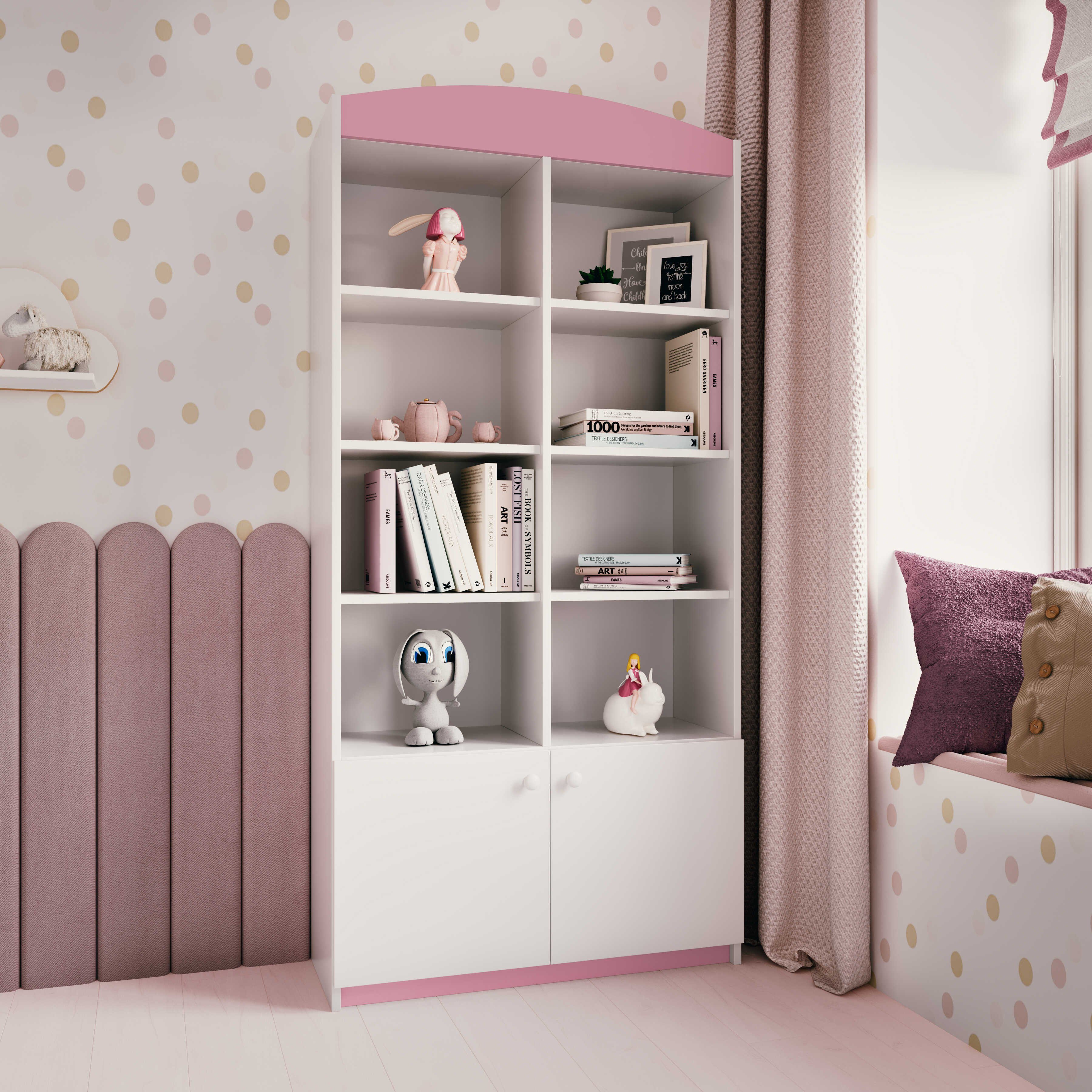 8 Aufbewahrungsschrank Fächer, offene Bjird mit für Bücherregal rosa Babydream Doppel-Bücherregal, Kinderzimmer