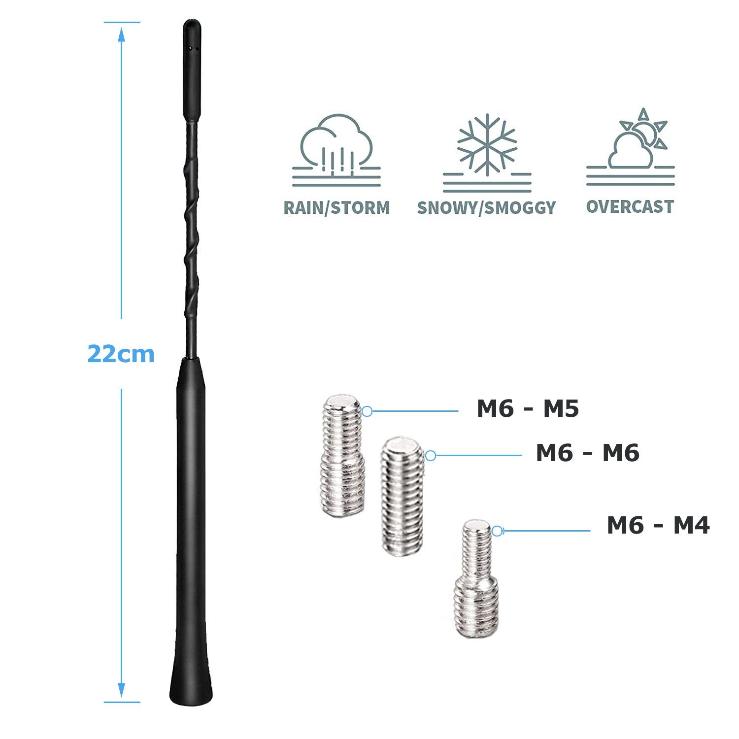 Bolwins H75 22cm KFZ Auto Antenne Stab Dachantenne Radio 16V Gewinde Adapter Dachantenne (FM/AM/GPS/GSM, für Fahrzeug, Verstärkung: 5 dB), starke Signalqualität, robustes Metallgehäuse, 22 cm Antennenlänge