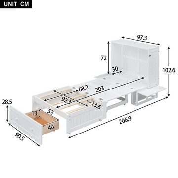 Ulife Massivholzbett Verwandelbares Holzbett Schrankbett mit Schublade und Regale, 90x200cm