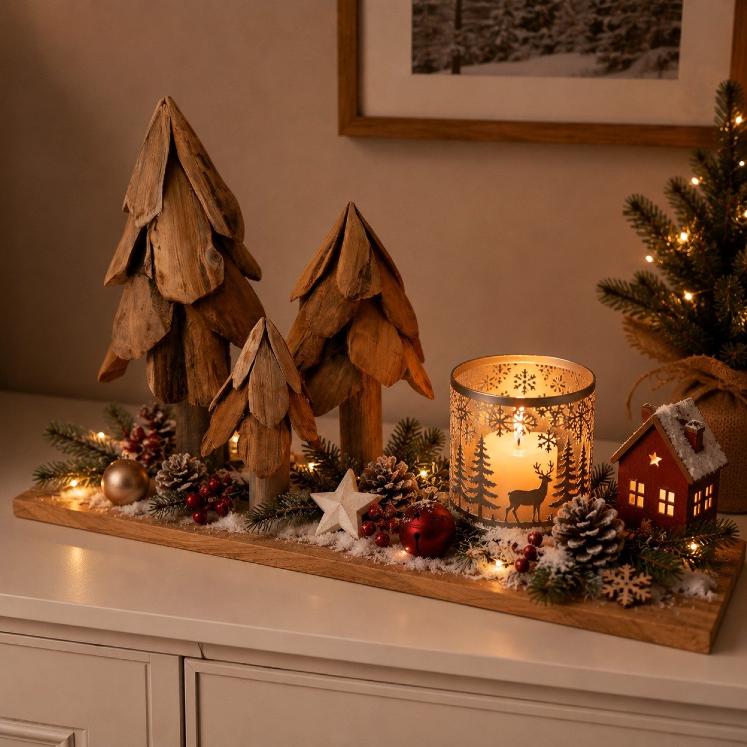 Online-Fuchs Dekotablett länglich aus Teakholz - DIY Deko für Herbst, Winter & Weihnachten (mit 3 handgeschnitzten Tannenbäumen, 20, 30 und 40 cm hoch), schafft eine natürliche wohnliche Atmosphäre