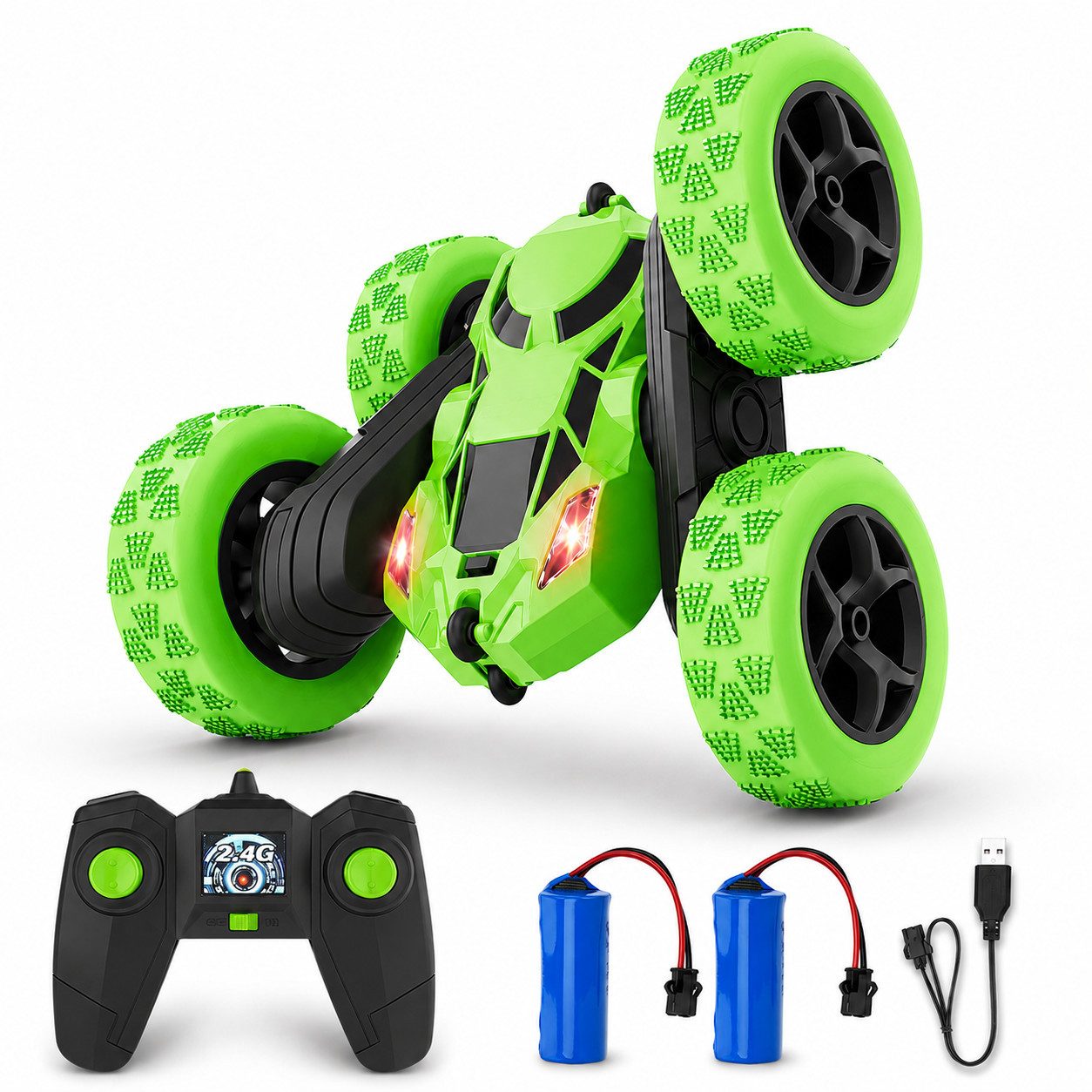 Diyarts RC-Auto (Ferngesteuertes Stuntauto inkl. 2 Akkus & Fernbedienung, Spiel-Set mit Zubehör), Stuntauto 360°-Action, LED-Lichtern & 60 Min. Spielspaß