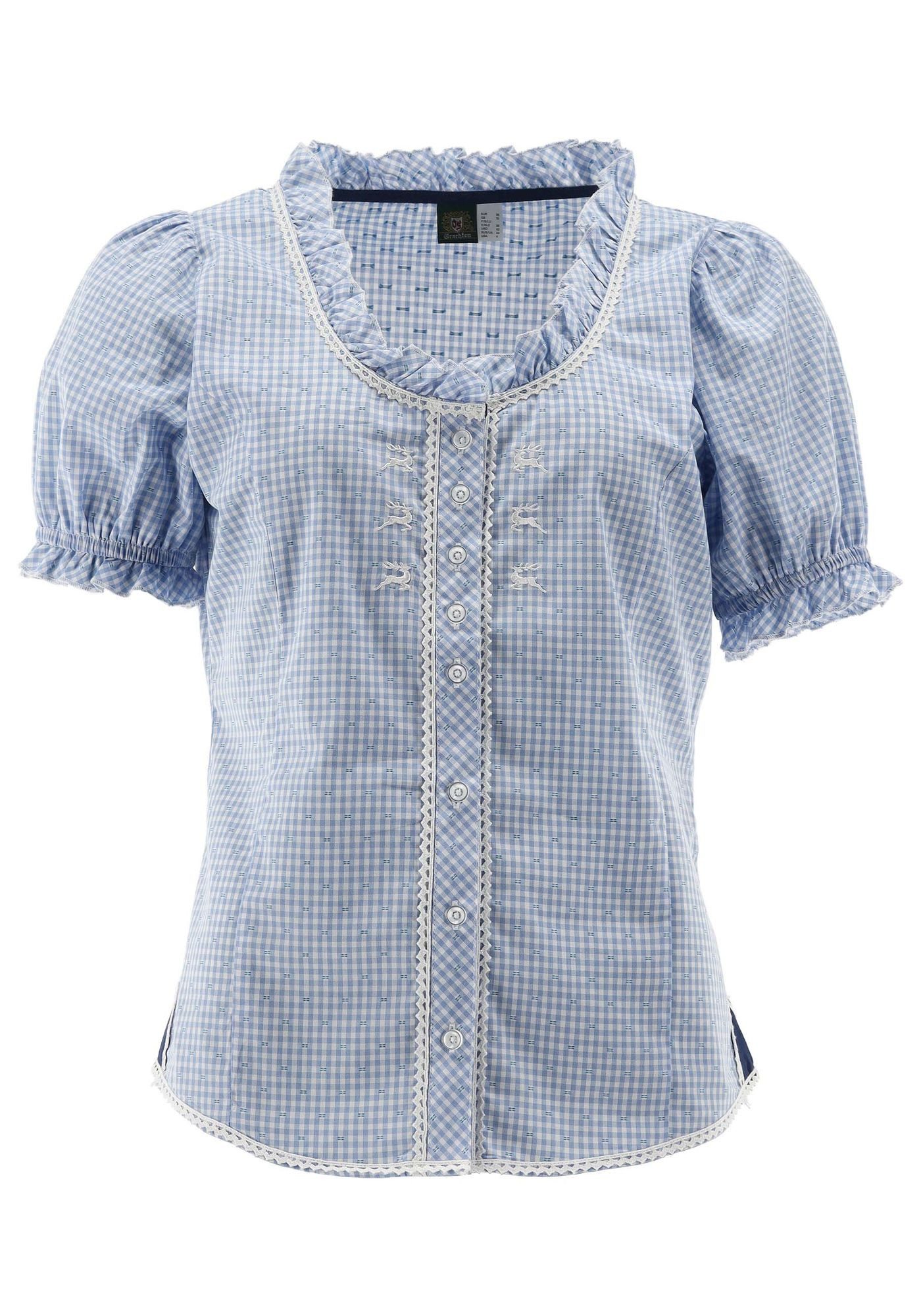 OS Trachten Trachtenbluse Plare Tailliert, Rundhalsausschnitt, Hirsch-Stick günstig online kaufen