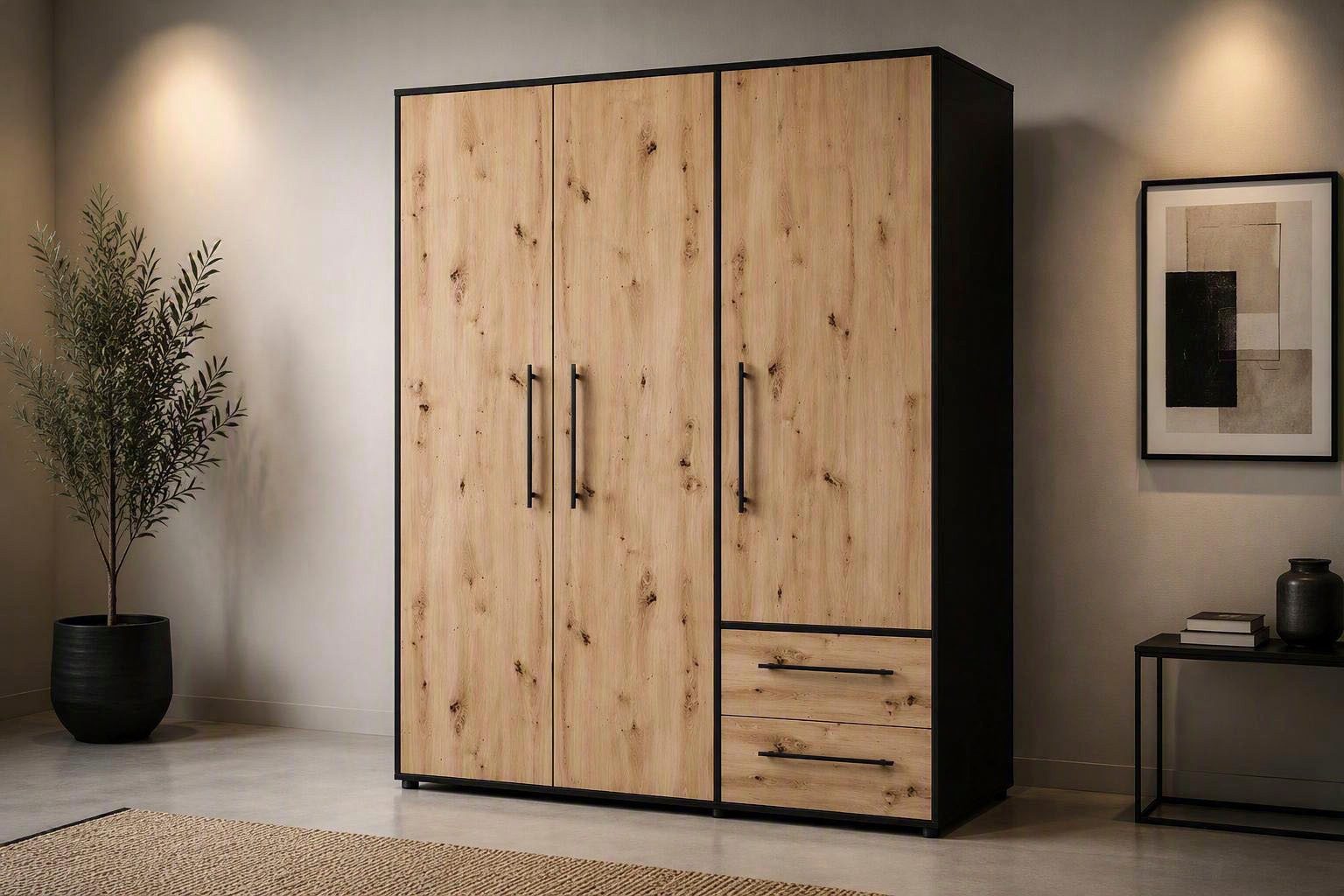 FORTE Kleiderschrank Mokkaris, Garderobe, zeitloses Design, 3 Türen, Made in Europe (B/H/T ca. 144x200x59cm) Zwei Schubladen, schwarze Stangengriffe, Stauraum, auch in Schwarz