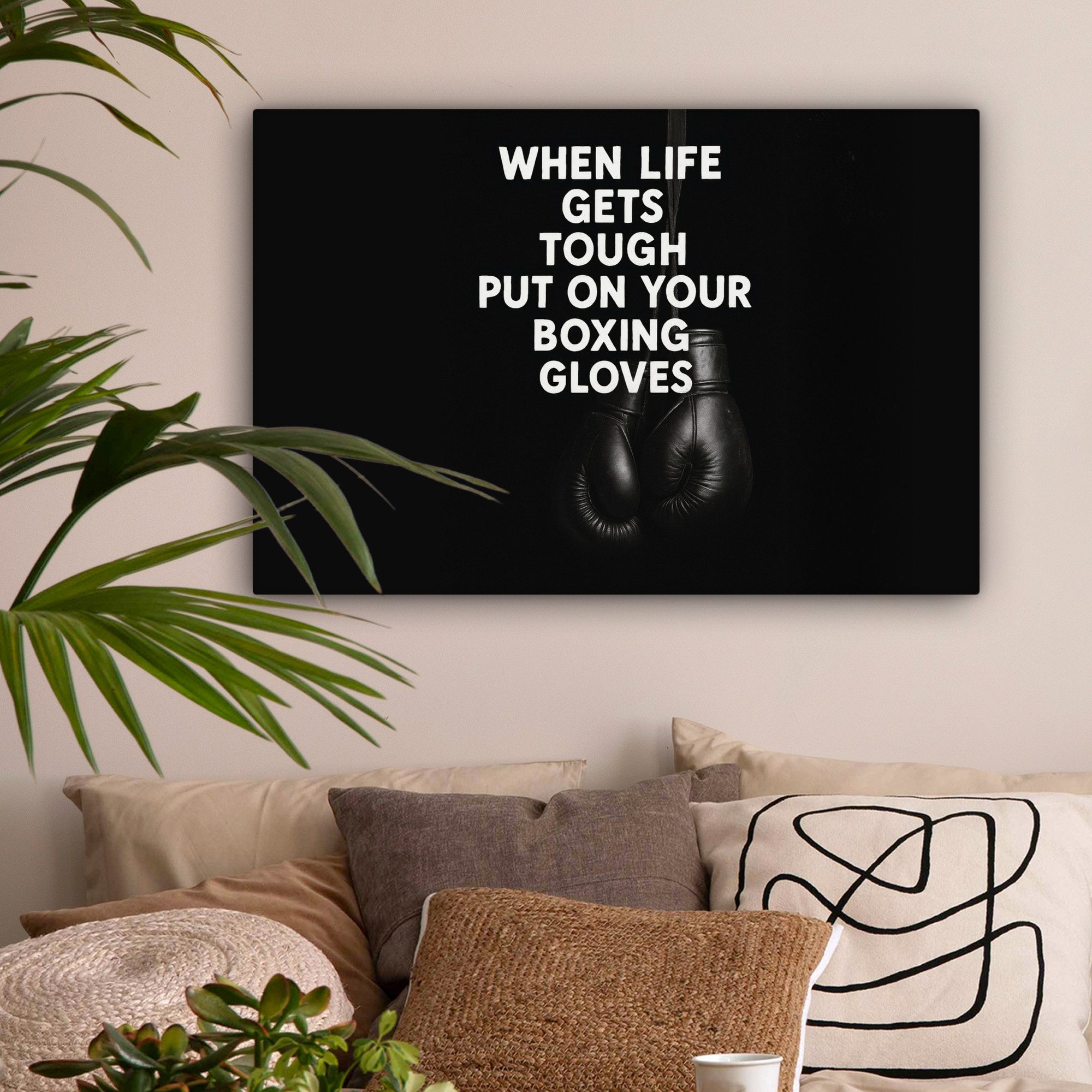 OneMillionCanvasses® Leinwandbild Text - Boxhandschuhe - Weiß, Fotodruck (1 St), Wandbilder Wohnzimmer Schlafzimmer 90x60 cm