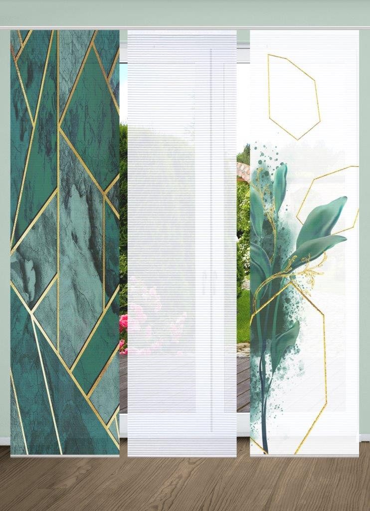 HOME in green Schiebegardine SIGNUM (3 St), Paneelwagen, halbtransparent, SET DIGITALDRUCK,BAMBUSOPTIK RECYCELT