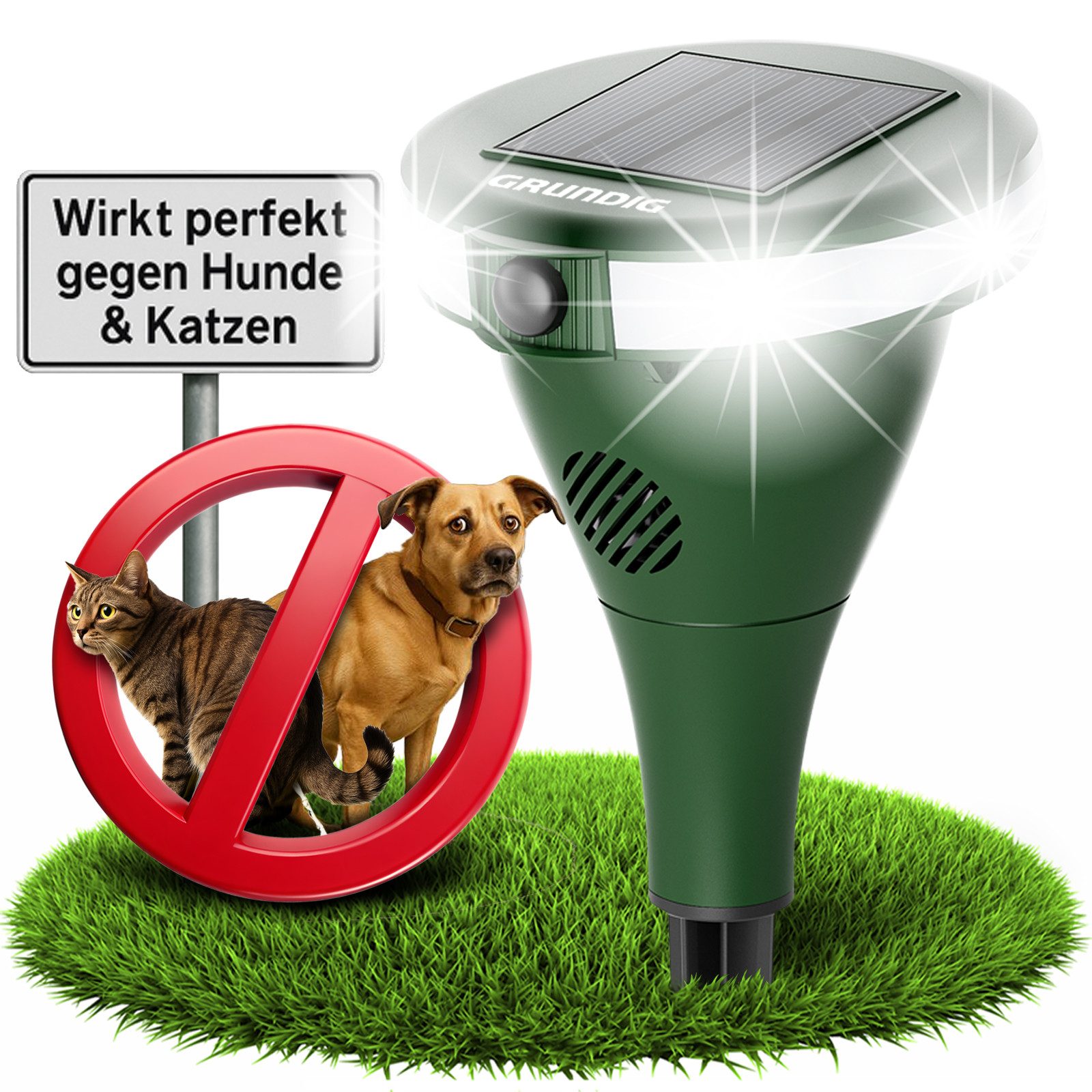 Grundig Ultraschall-Tierabwehr Tierabwehr Tiervertreiber Ultraschall, 1-tlg., Abwehr gegen Katzen Hunde im Garten, Bewegungsmelder mit 8 Blitzlichtern, 2 Frequenzbändern, Solar