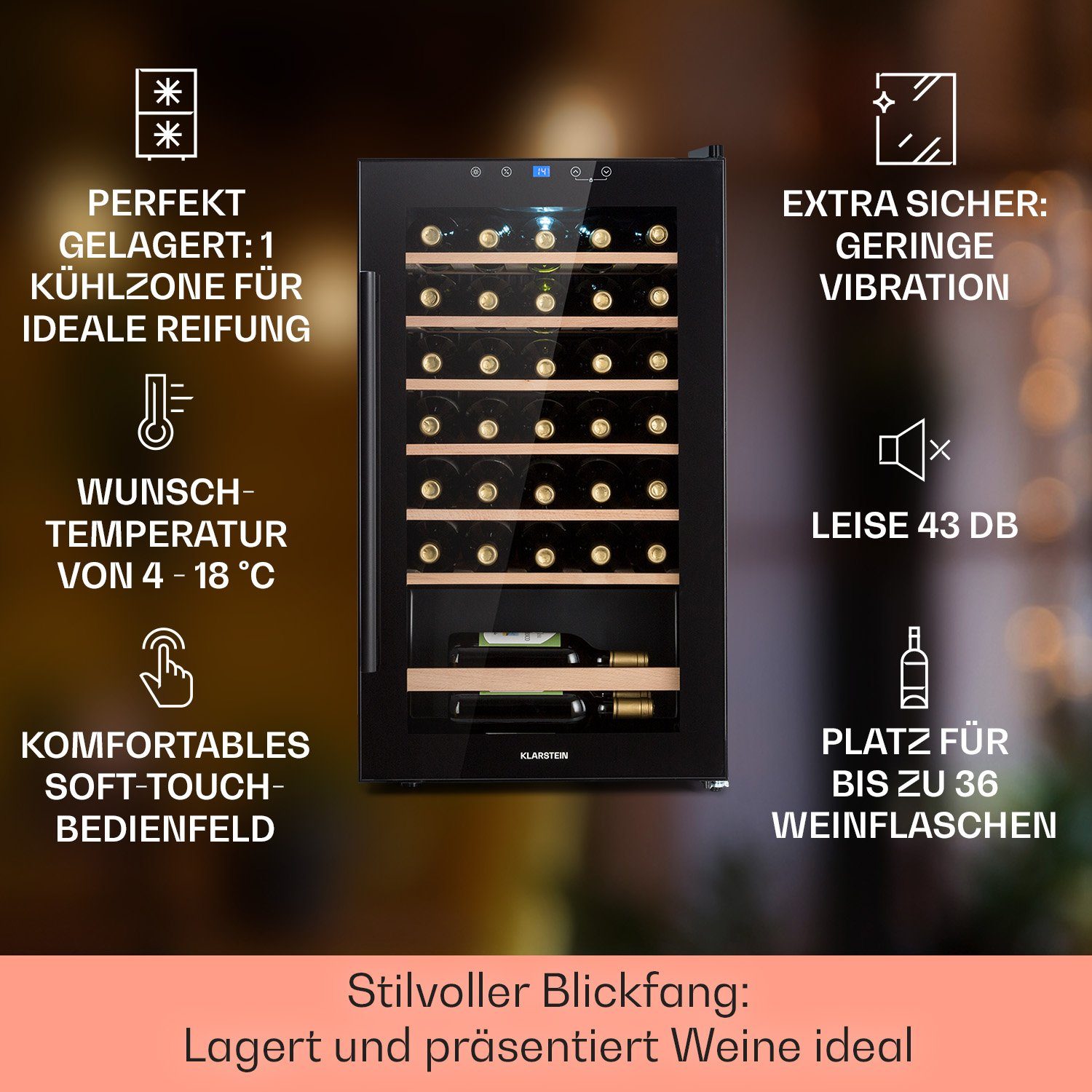Klarstein Weinkühlschrank Barossa 32 Uno Weinkühlschrank 36 Fl 95L 5-18°C Touch LED 6 Holzregale, für 36 Standardflaschen á 0,75l,Flaschenkühlschrank Weintemperierschrank Weinschrank für 36 Flaschen