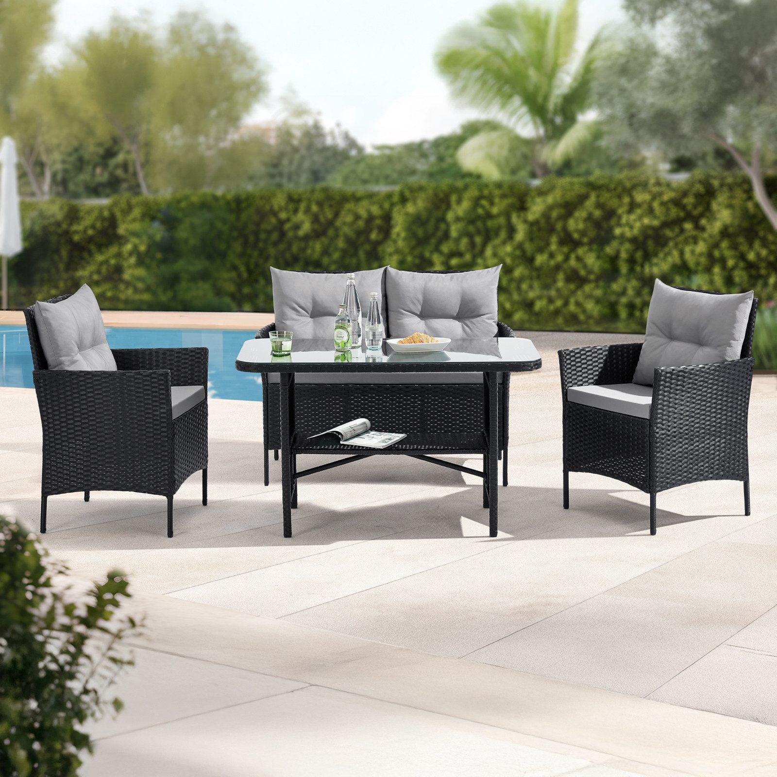 SVITA Garten-Essgruppe DALLAS, Polyrattan, 4-teilig, Outdoor Set, 2 Sessel, 2er-Sofa, Esstisch