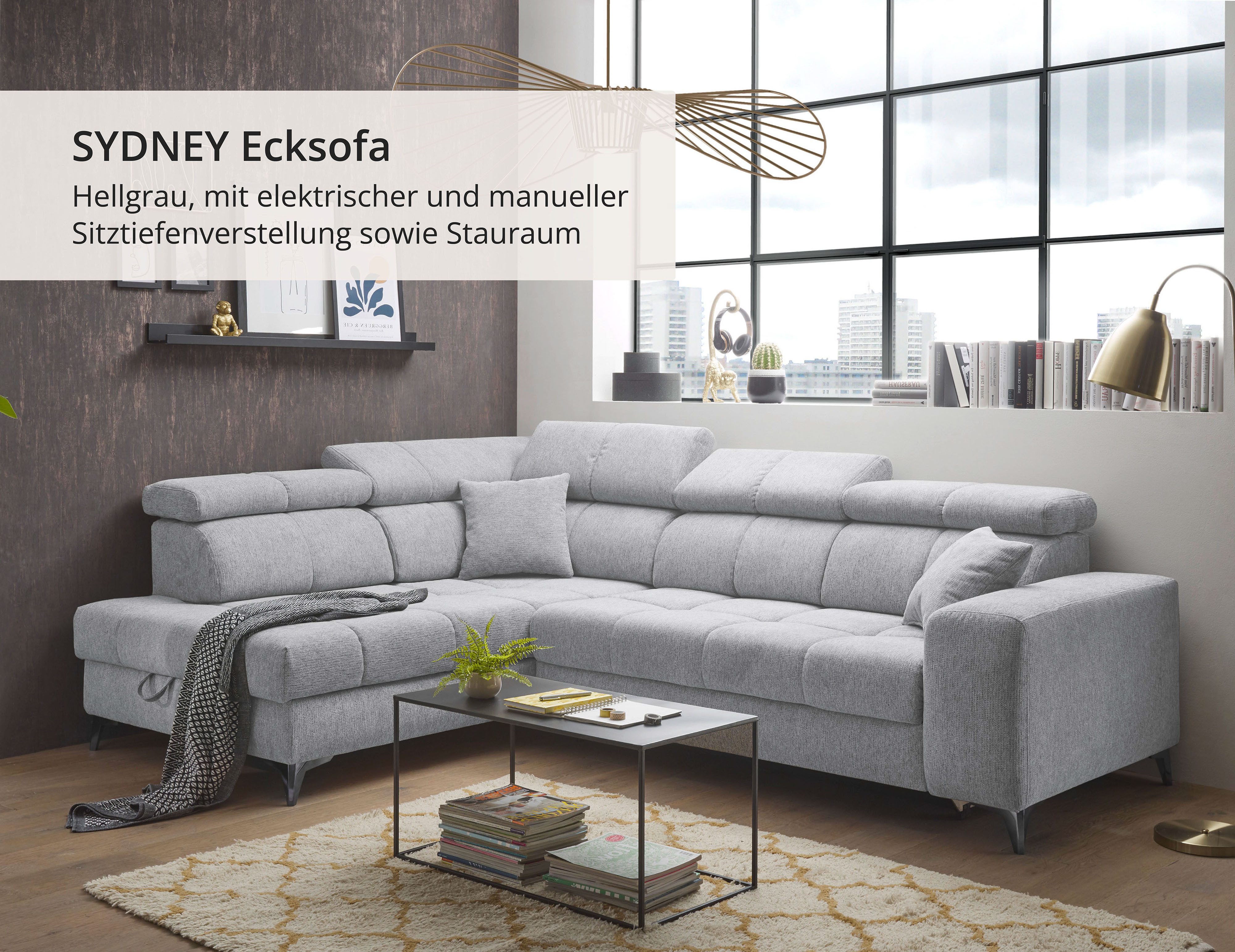 ED EXCITING DESIGN Ecksofa Sydney L-Form mit Bettfunktion, Bettkasten, Kopfteilverstellung, motorischer Sitztiefenverstellung, USB-Port & 2 Zierkissen