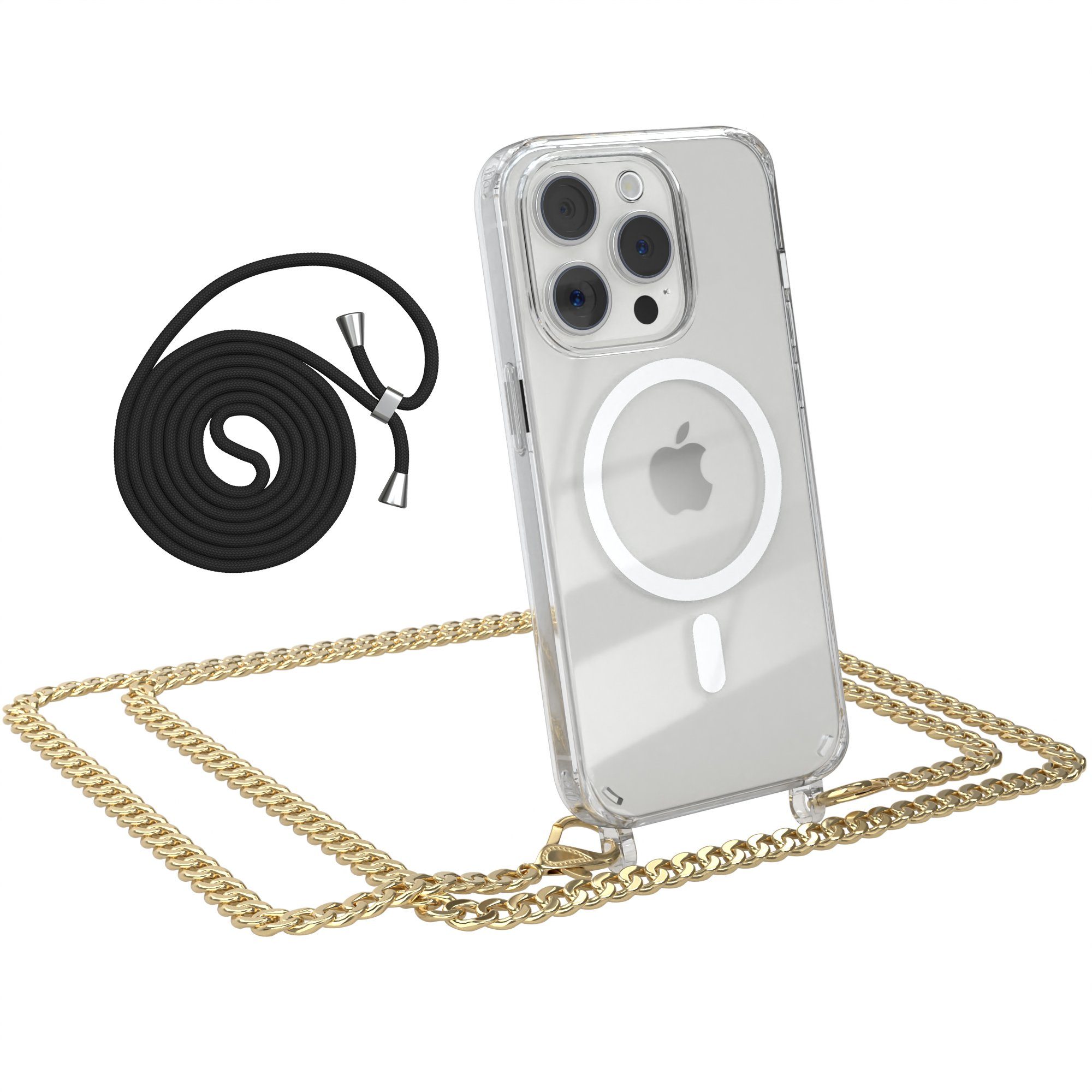 EAZY CASE Handykette 2in1 Metallkette Magsafe Hülle für iPhone 15 Pro 6,1 Zoll, Handyhülle Transparent Smartphonekette für Unterwegs Necklace in Gold
