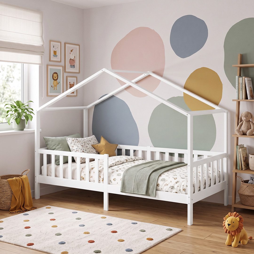 Bellabino Kinderbett Bia mit Rausfallschutz & Lattenrost (weiß, optional mit Matratze), Kinderbett aus Kiefernholz, verfügbar in 80x160/90/120/140x200 cm