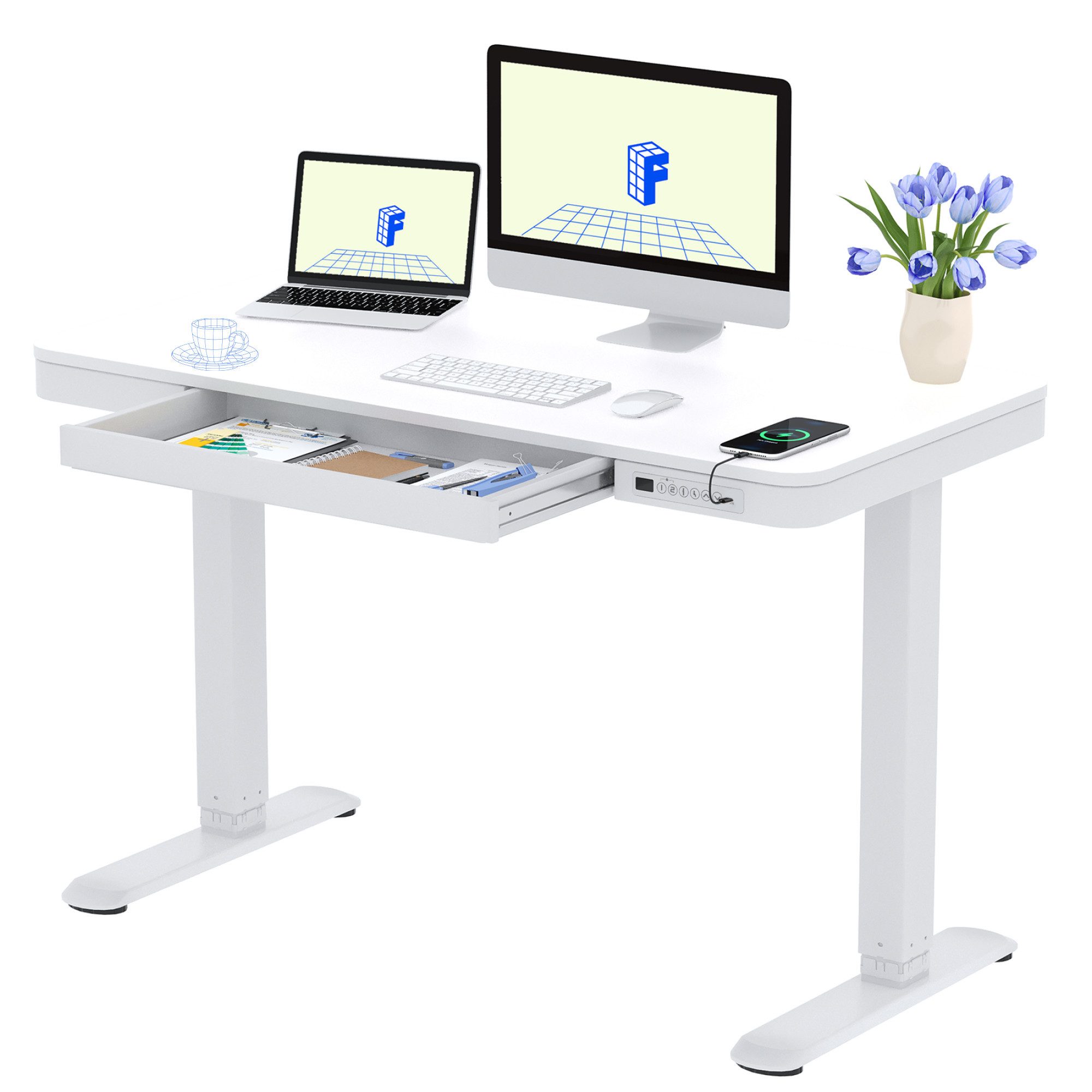 FLEXISPOT Schreibtisch Höhenverstellbarer Schreibtisch MIT Schubladen (mit LED-Höhenanzeige, 4 Speicherhöhen, Anti-Kollisionssystem, USB-C Anschluss), EINFACHE MONTAGE, leise & ergonomisch