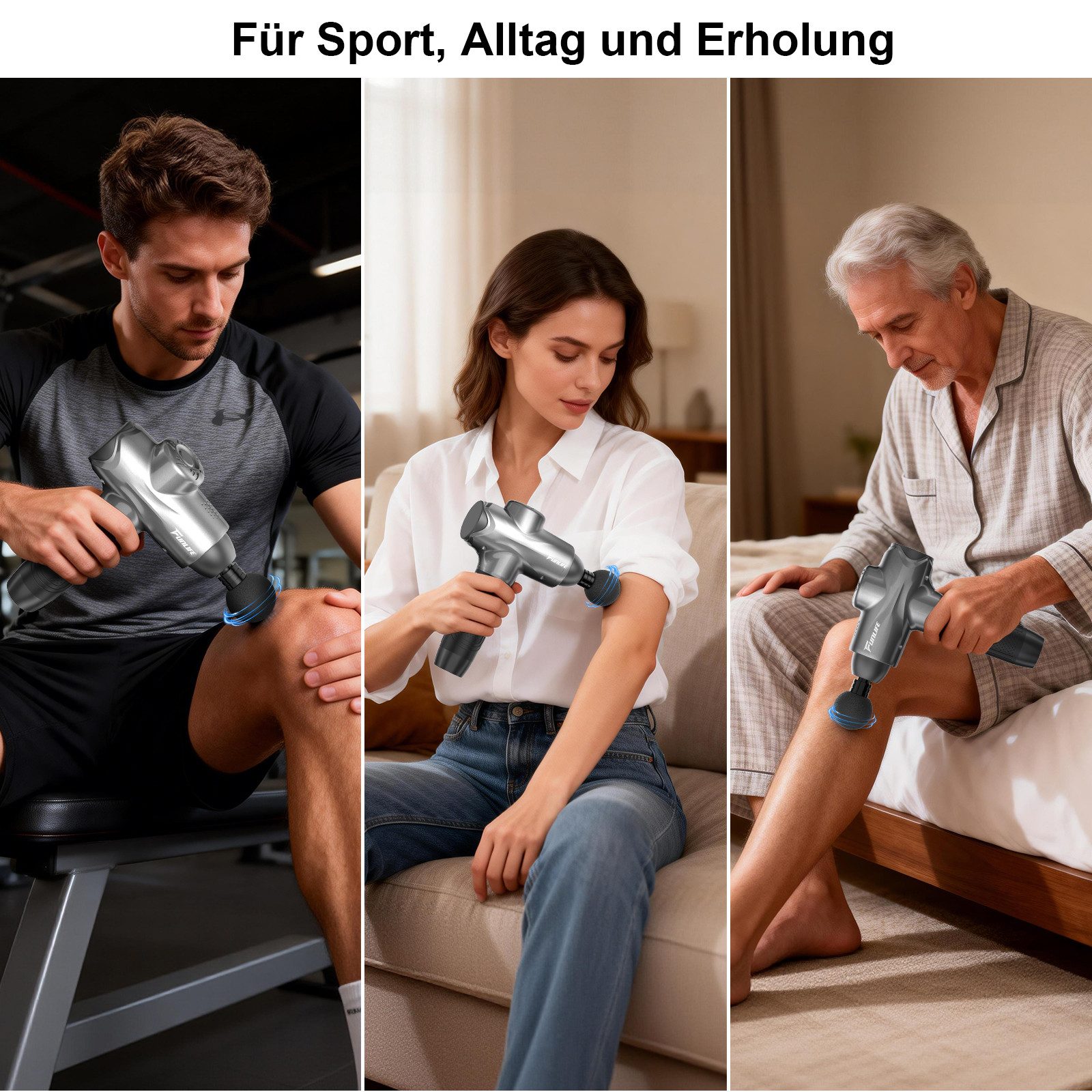 FunLife Massagepistole Tiefengewebe Massagepistole 12 mm Hub, Komplett-Set, 6 Aufsätze, Tasche & Geschenkverpackung, 10 Stufen · USB-C · unter 45 dB
