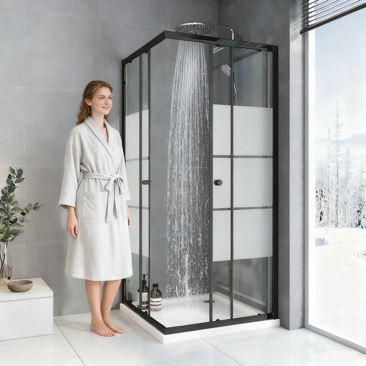 Boromal Eckdusche Duschkabine Duschabtrennung Schiebetür Schwarz Milchglas günstig online kaufen