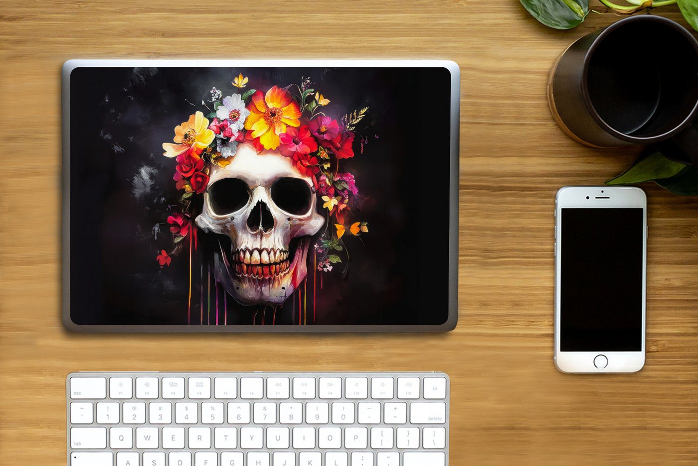 Thumbnail - MuchoWow Laptop-Aufkleber Totenkopf - Blumen - Totenkopf - Blut - Bunt, (1tlg), Laptop Folien Cover, Aufkleber, Sticker,...