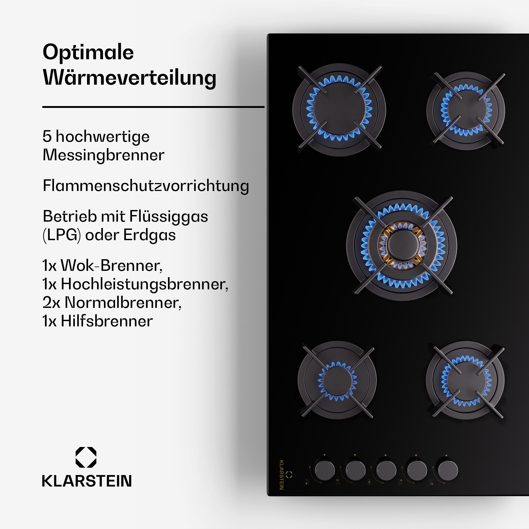 Klarstein Gas-Kochfeld Goldflame 10045627, Kochfelder Gas Hob 5 Zonen Glaskeramik Einbau – Bild 4 von 5