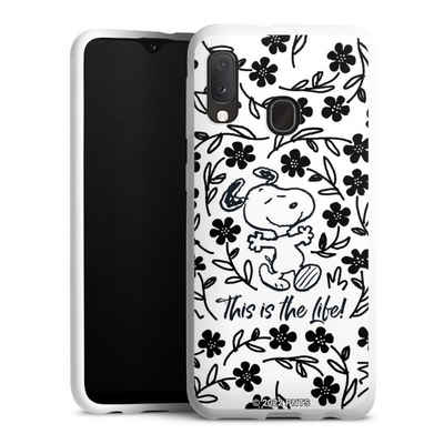 DeinDesign Handyhülle Peanuts Blumen Snoopy Snoopy Black and White This Is The Life, Samsung Galaxy A20e Silikon Hülle Bumper Case Handy Schutzhülle
