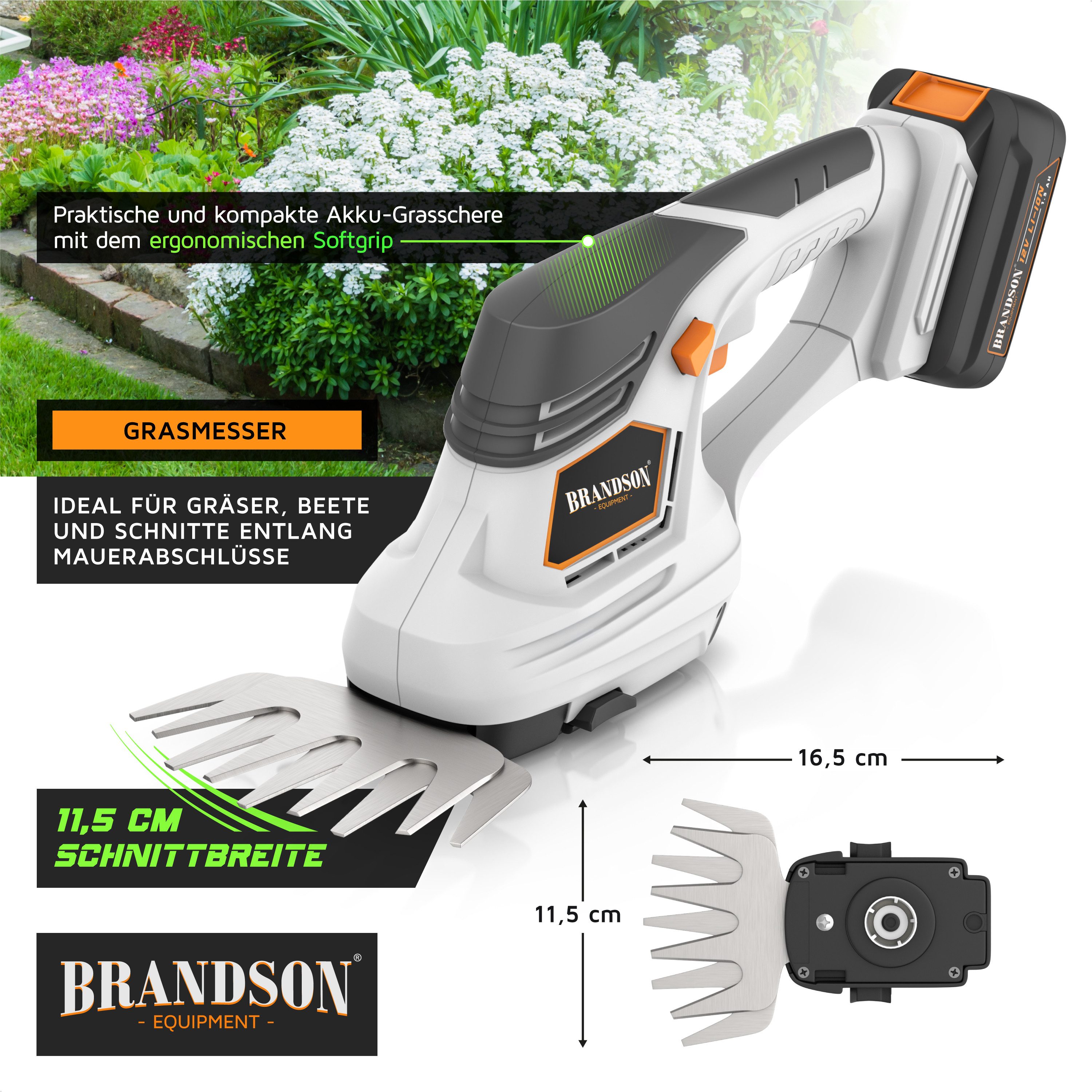Brandson Akku-Grasschere 2in1 mit Grasmesser und Strauchmesser, inkl. Akku und Ladegerät, bis 1,3 m Arbeitshöhe, (1 St), Garten Strauchschere, Elektrogartensche – Bild 4 von 5