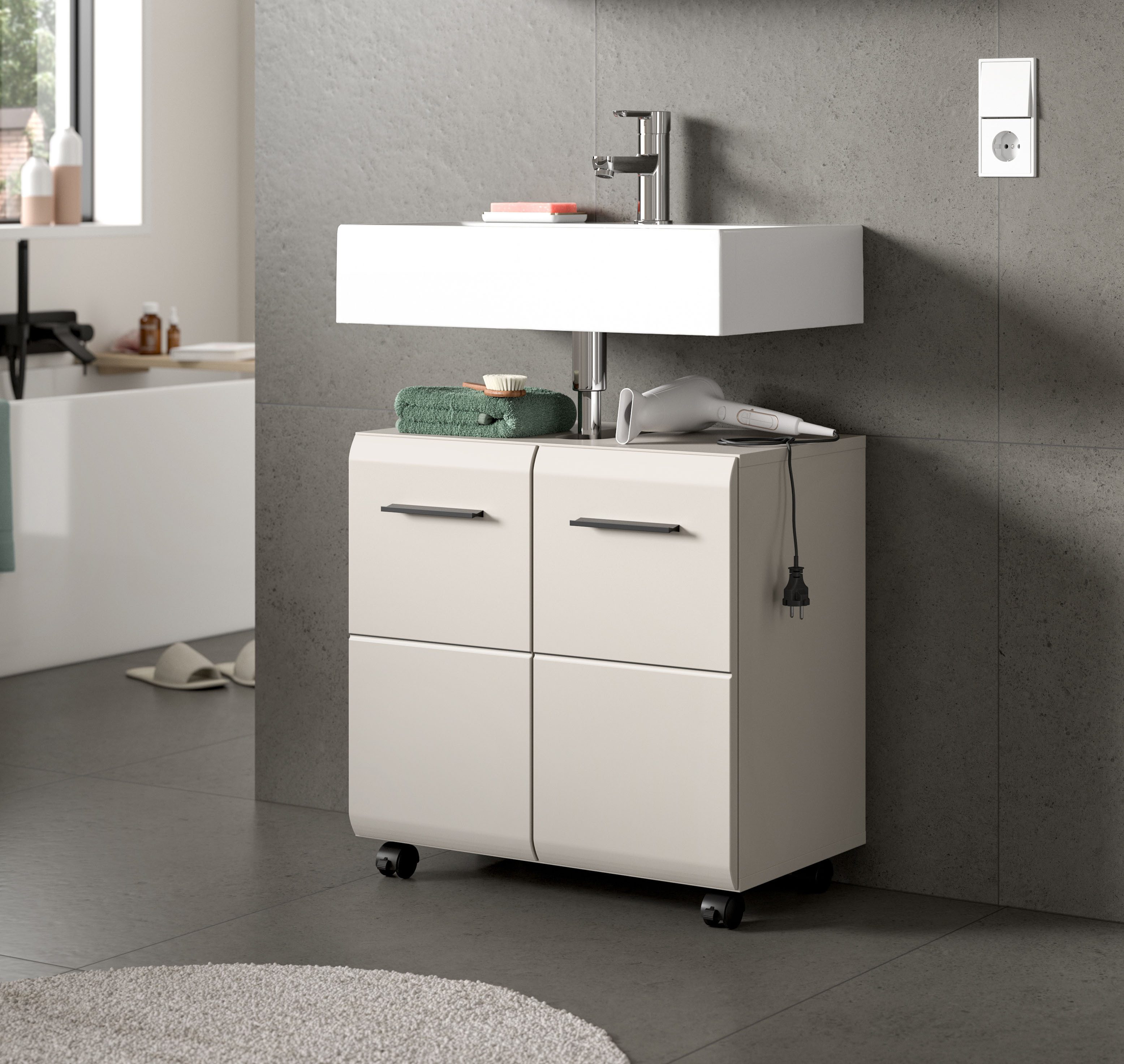 welltime Waschbeckenunterschrank FLORENZ, Breite 60cm, inkl. Siphonausschnitt, mit Türen oder Schüben (TOPSELLER) hochwertige MDF Front, Griff schwarz, Badschrank, Bad