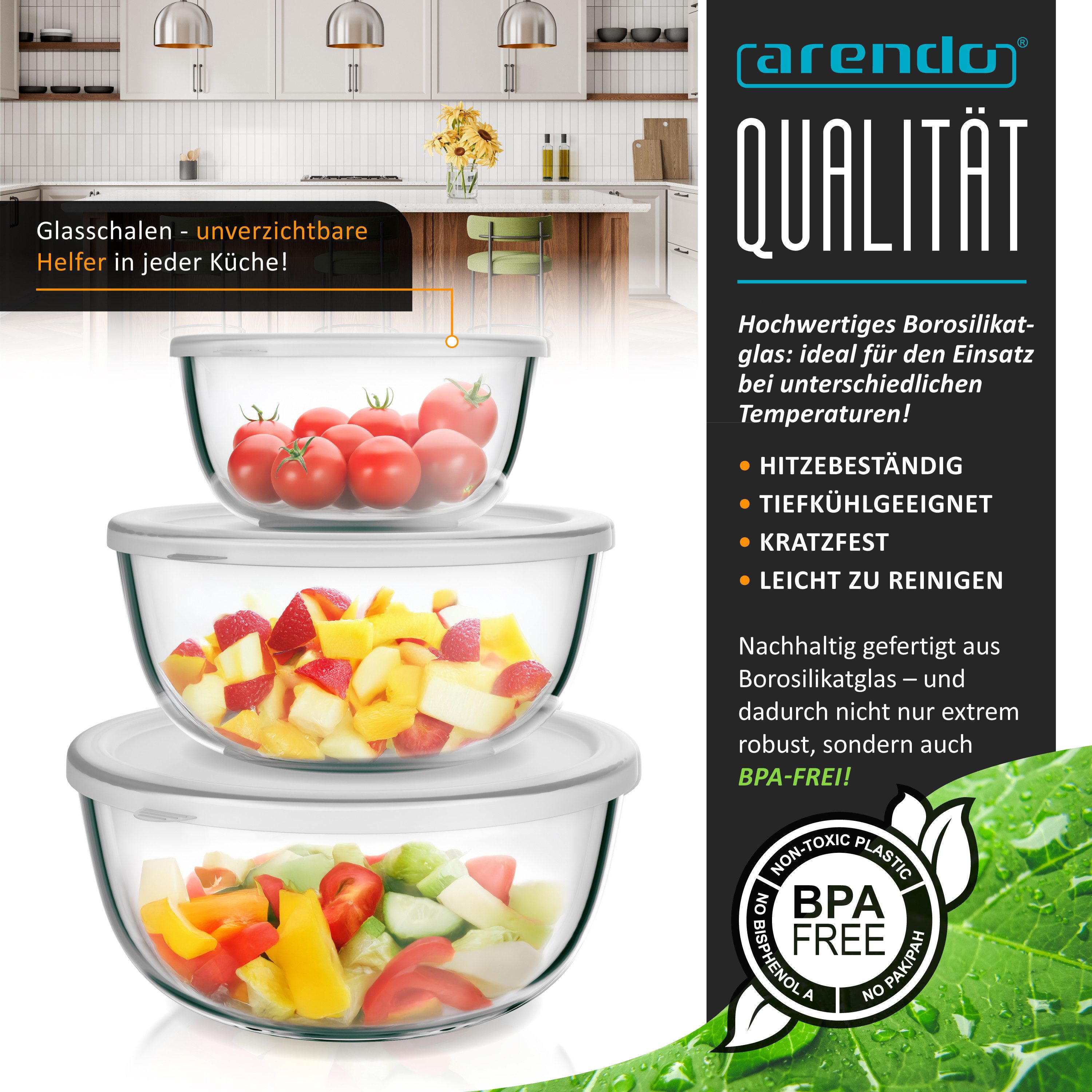 Arendo Salatschüssel 3er Set mit Deckel, Glasschüssel 1,1L / 2,7L / 4,4L, Glas Rührschüssel, Glas, (Set, 3-tlg), Glasschale, BPA-frei, Spülmaschinen und Mikrowellen geeignet