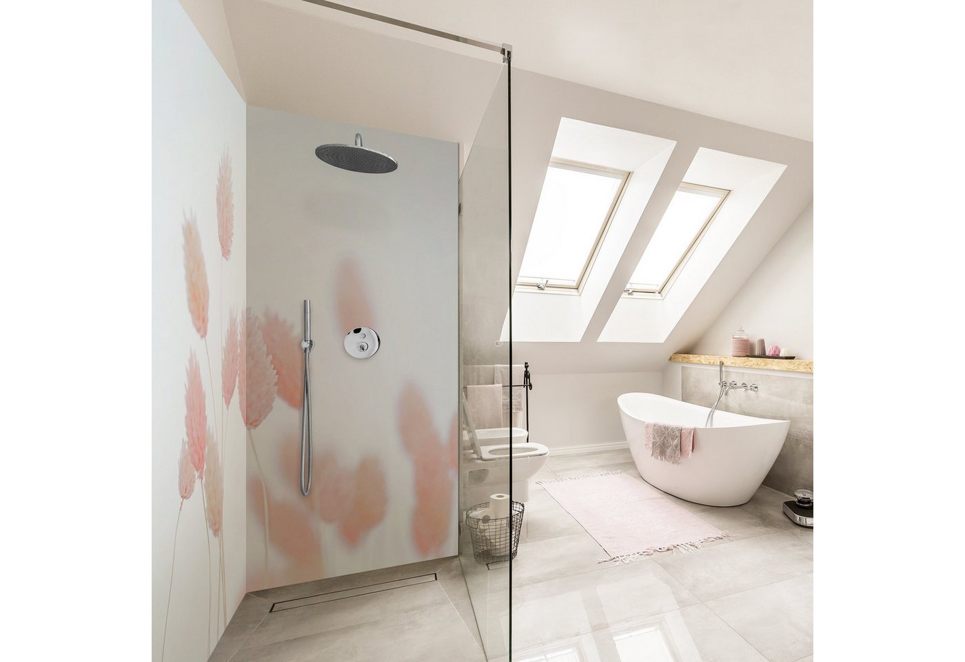 Thumbnail - Bilderdepot24 Badrückwand Landhaus beige Duschrückwand ohne Bohren Dusche Floral, (2-tlg., Hart-Folie Smart matt 0,35 mm...