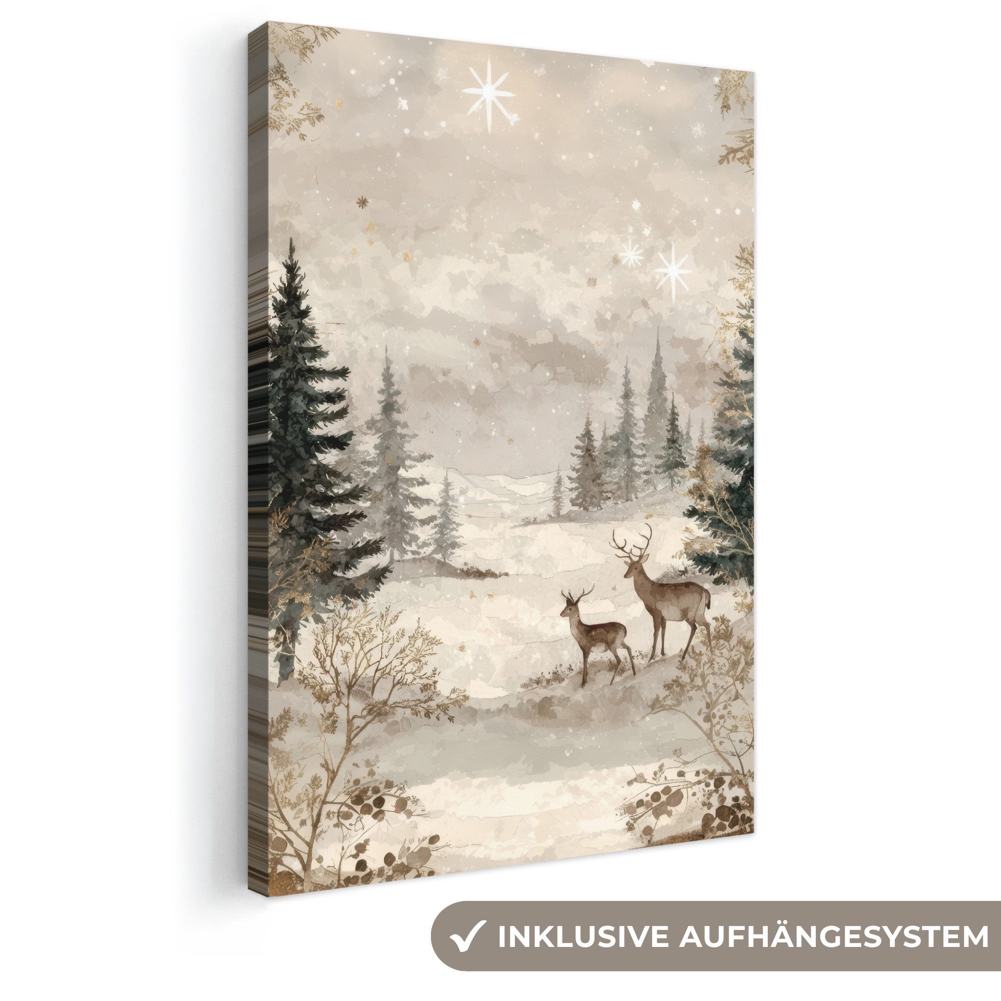 OneMillionCanvasses® Leinwandbild Wald - Hirsche - Winter - Schnee, Fotodruck (1 St), Leinwand Canvas Wandbild, Wanddekoration 20x30 cm