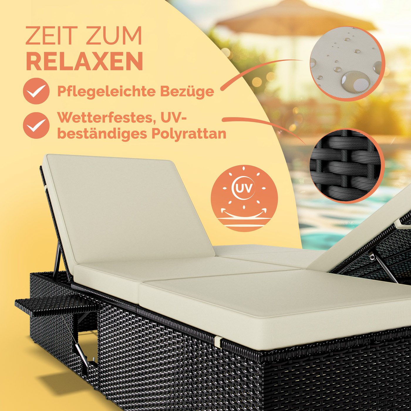 Casaria Gartenliege, Doppelliege Klapptisch Wetterfest 7-fach Höhenverstellbar Liegestuhl