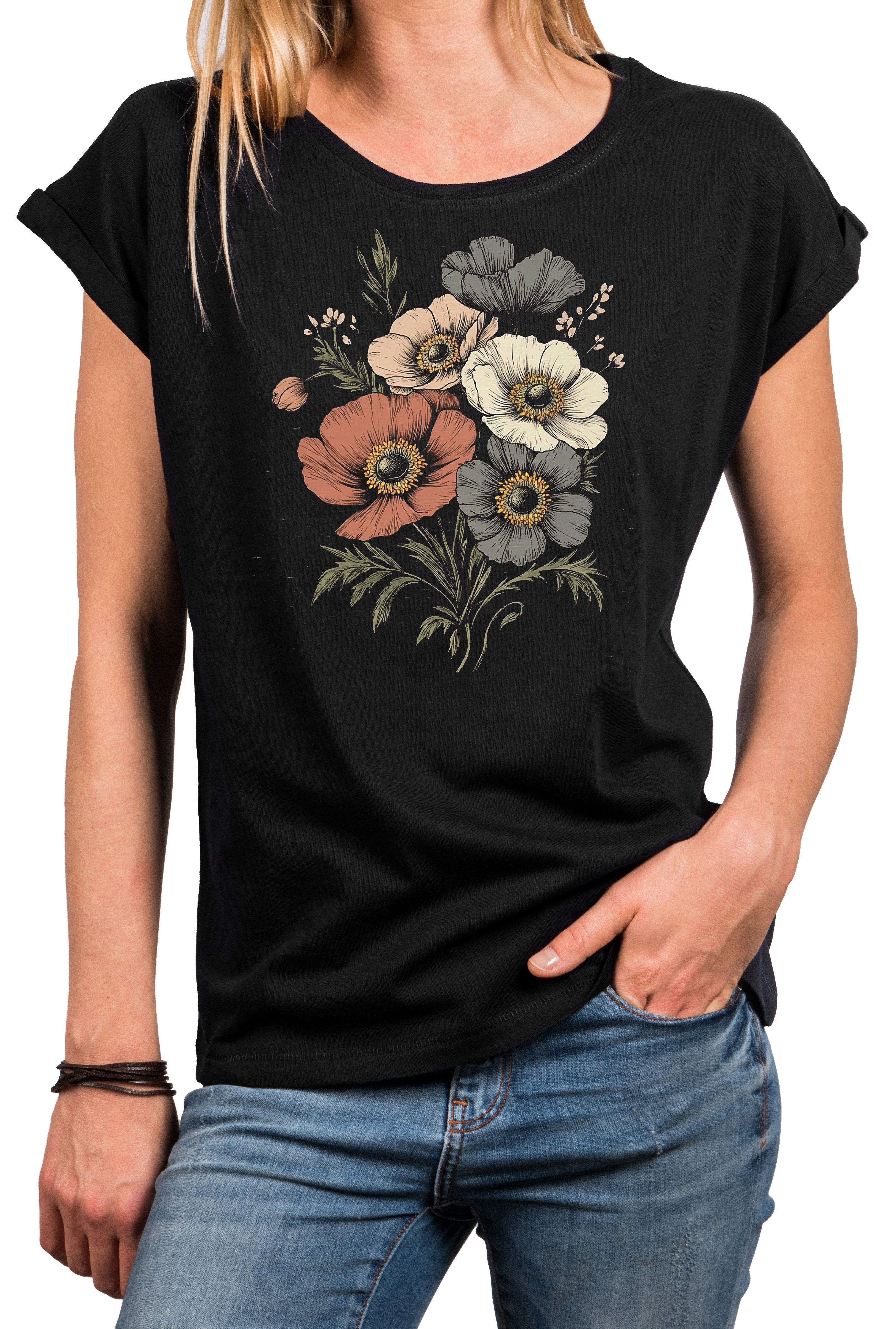 MAKAYA T-Shirt Damen Sommer Top mit Vintage Blumenprint im Retro Boho Style günstig online kaufen