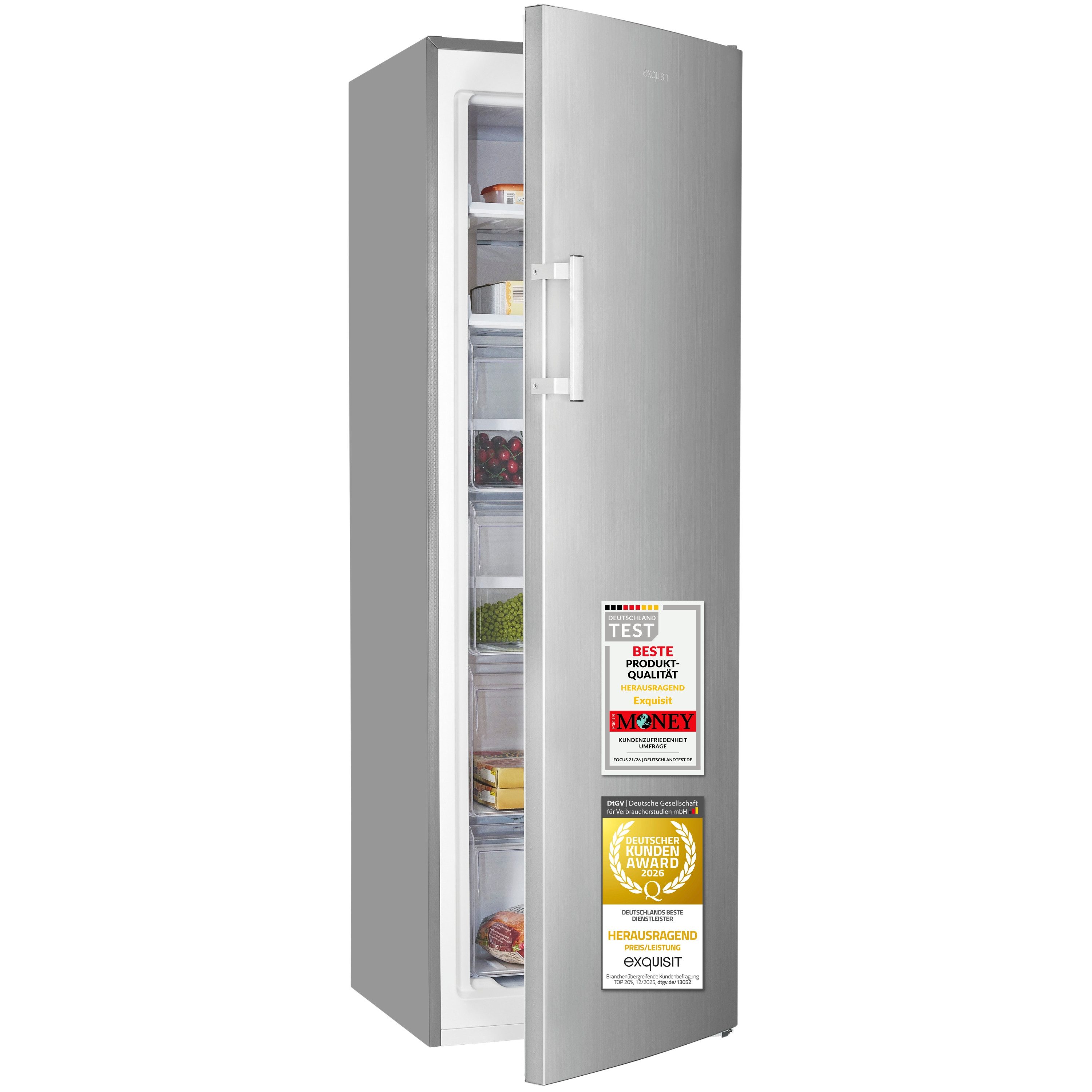 exquisit Gefrierschrank GS5271-NF-H-040C, 170 cm hoch, 54,5 cm breit, 204 l Nutzinhalt, 4 Gefrierschubladen, Energieklasse C, 39 dB